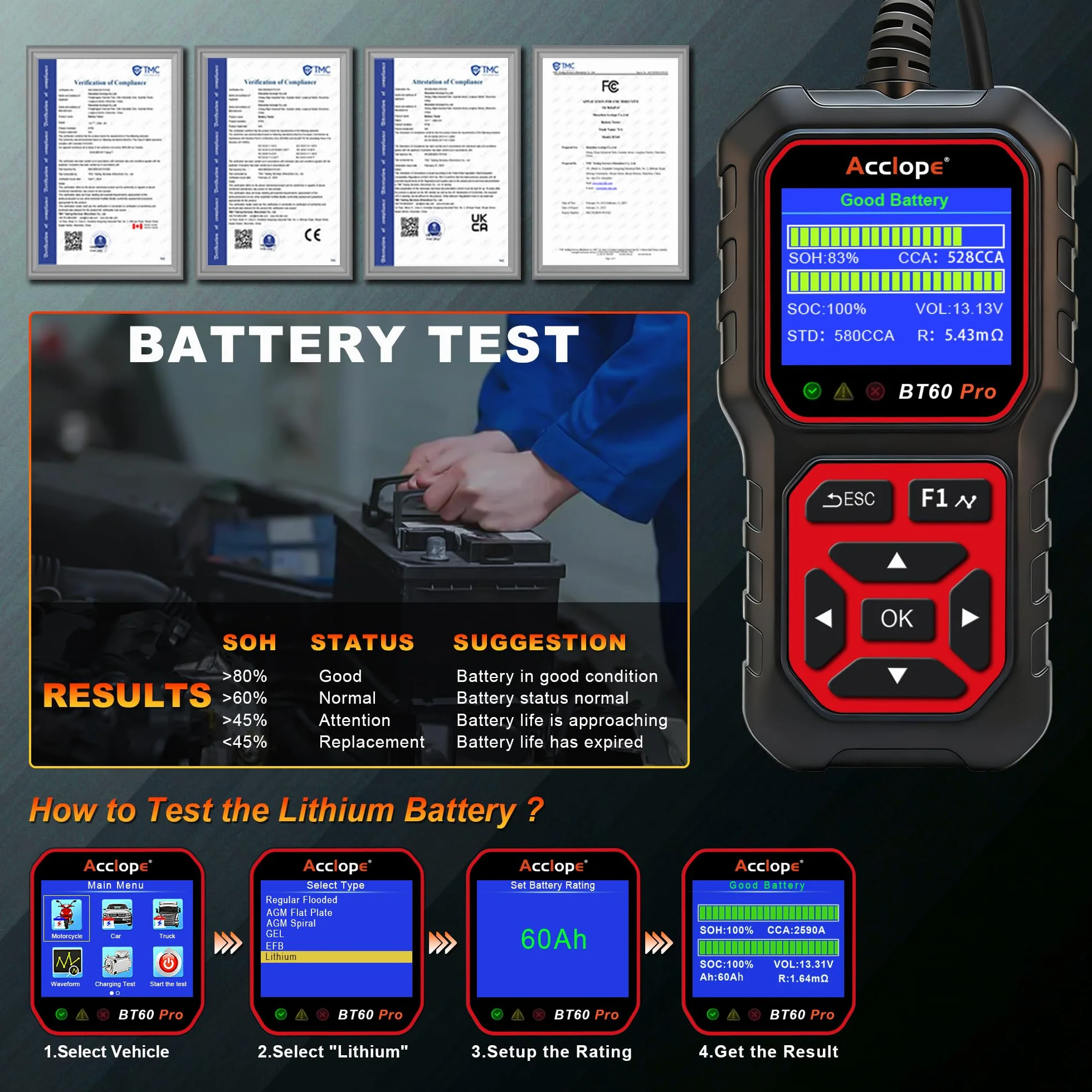 BT60 Pro Tester Digitale per Batterie Auto, CCA 100-3000, Analizzatore 6V 12V 24V, Sistema di Diagnostica Alternatore per Auto, Moto, Camion, Compatibile con AGM, Litio, Gel