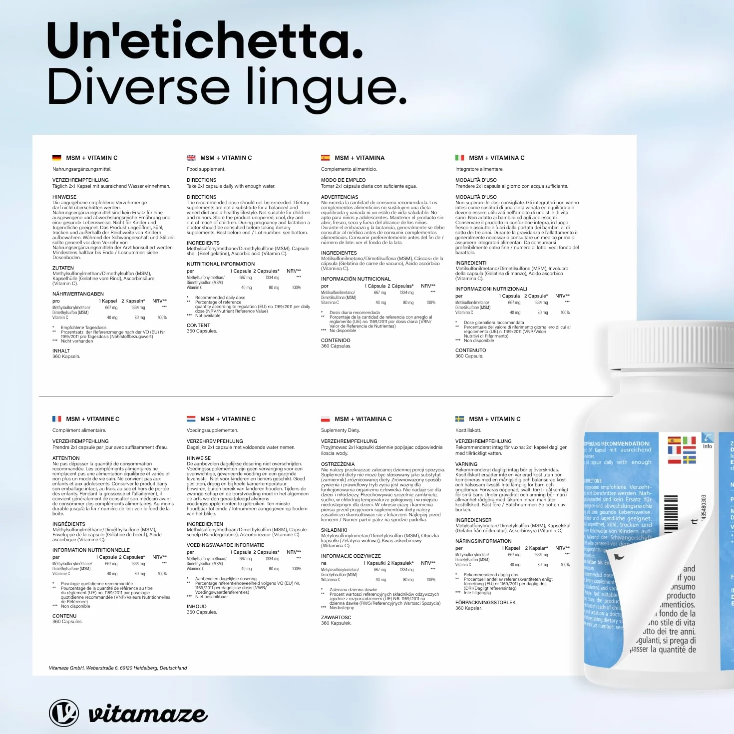 MSM Integratori per Capelli e Ossa + Vitamina C, 360 Capsule, Metilsulfonilmetano Puro al 99,9%, Qualità Tedesca