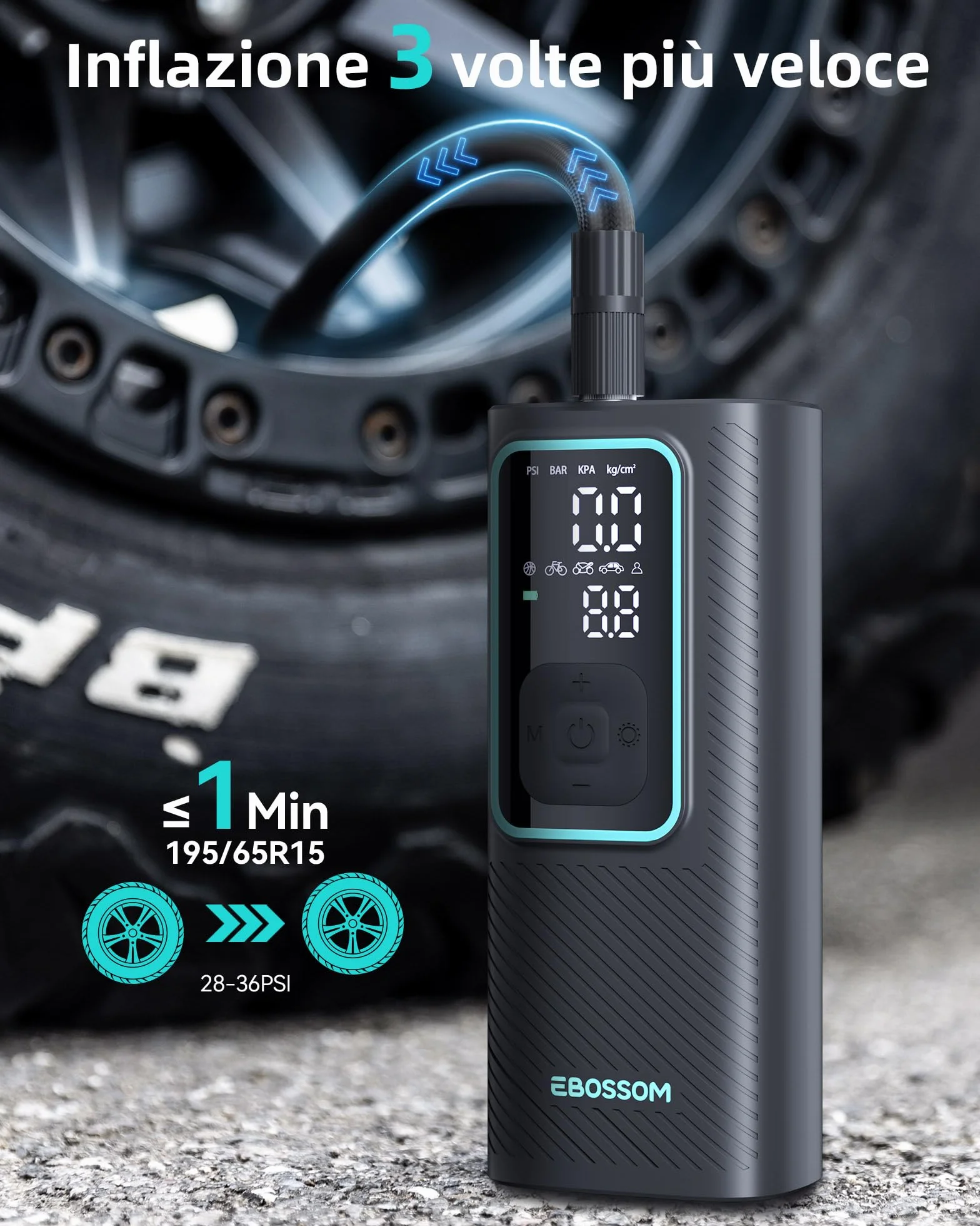 Compressore Aria Portatile 150PSI Gonfiatore Elettrico a Batteria 6000mAh 12V DC con Luce LED e Arresto Automatico