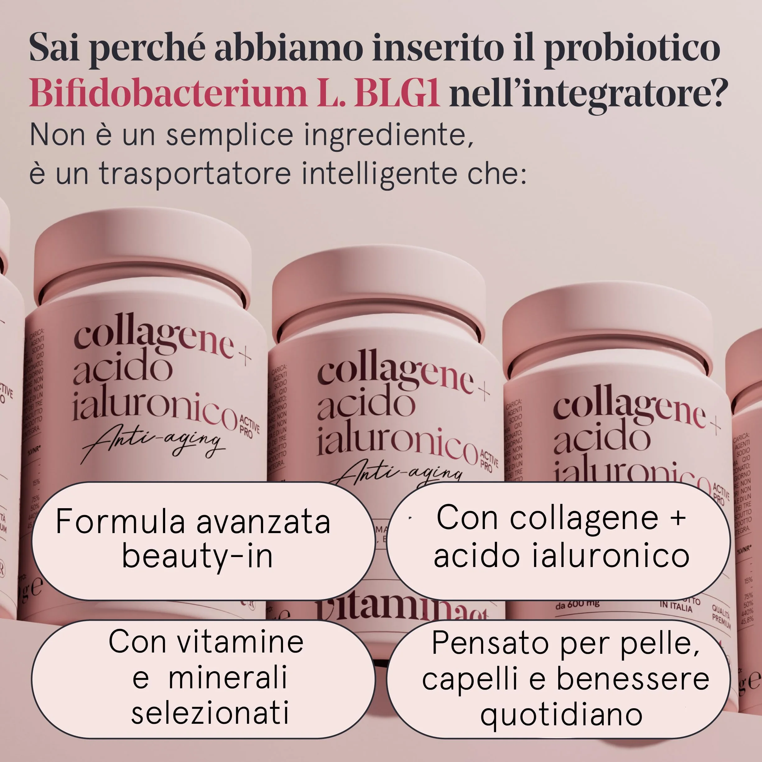 Collagene e Acido Ialuronico con Probiotico Bifidobacterium L. BLG1, Q10, Vitamina C, Zinco e Biotina