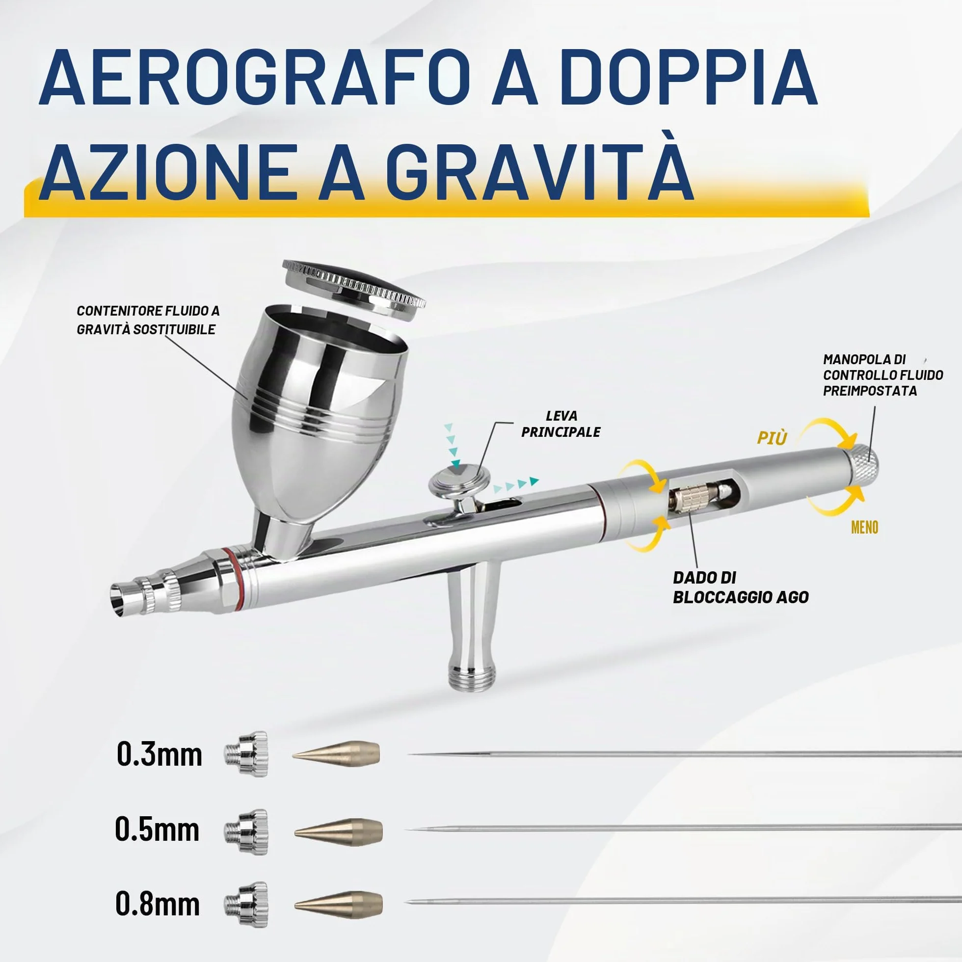Fengda FE-183K Aerografo a Doppia Azione Alimentazione a Gravità Set 3 Ugelli 0.3-0.8mm