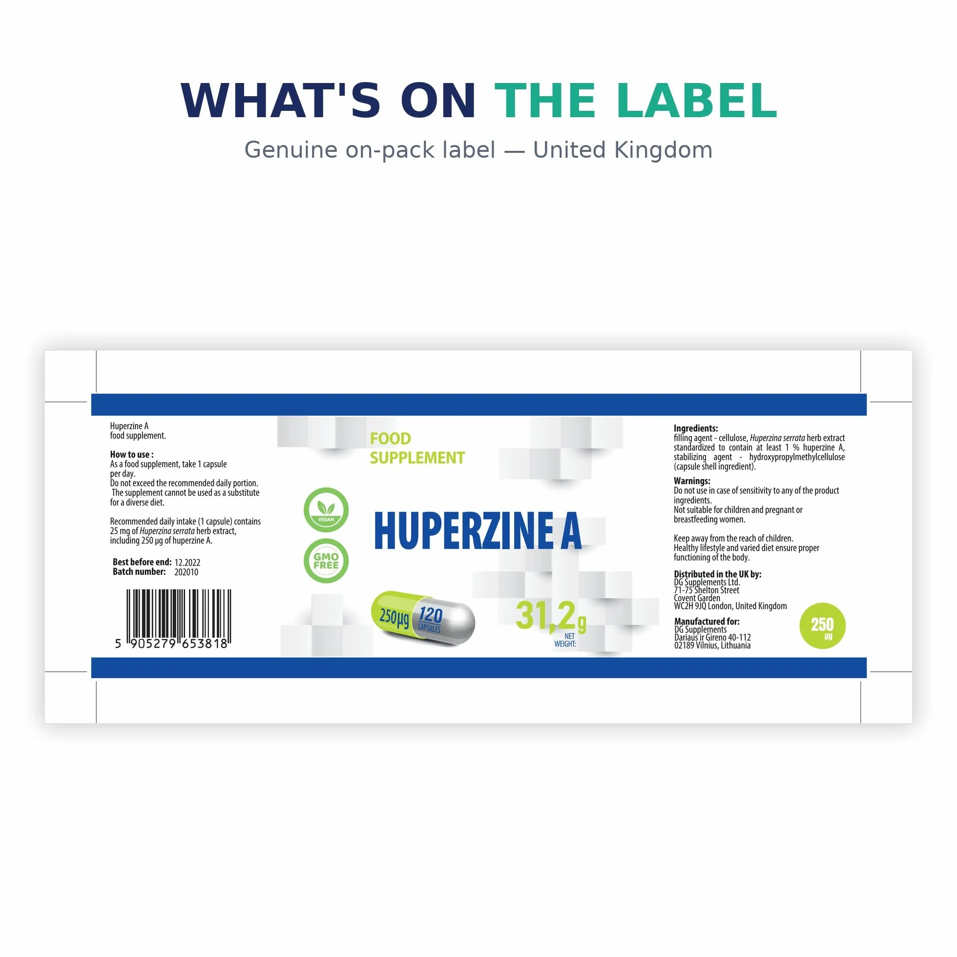 Huperzine A 225mcg 120 Vegan Capsules, Certificato di analisi AGROLAB Germania, senza glutine, senza OGM