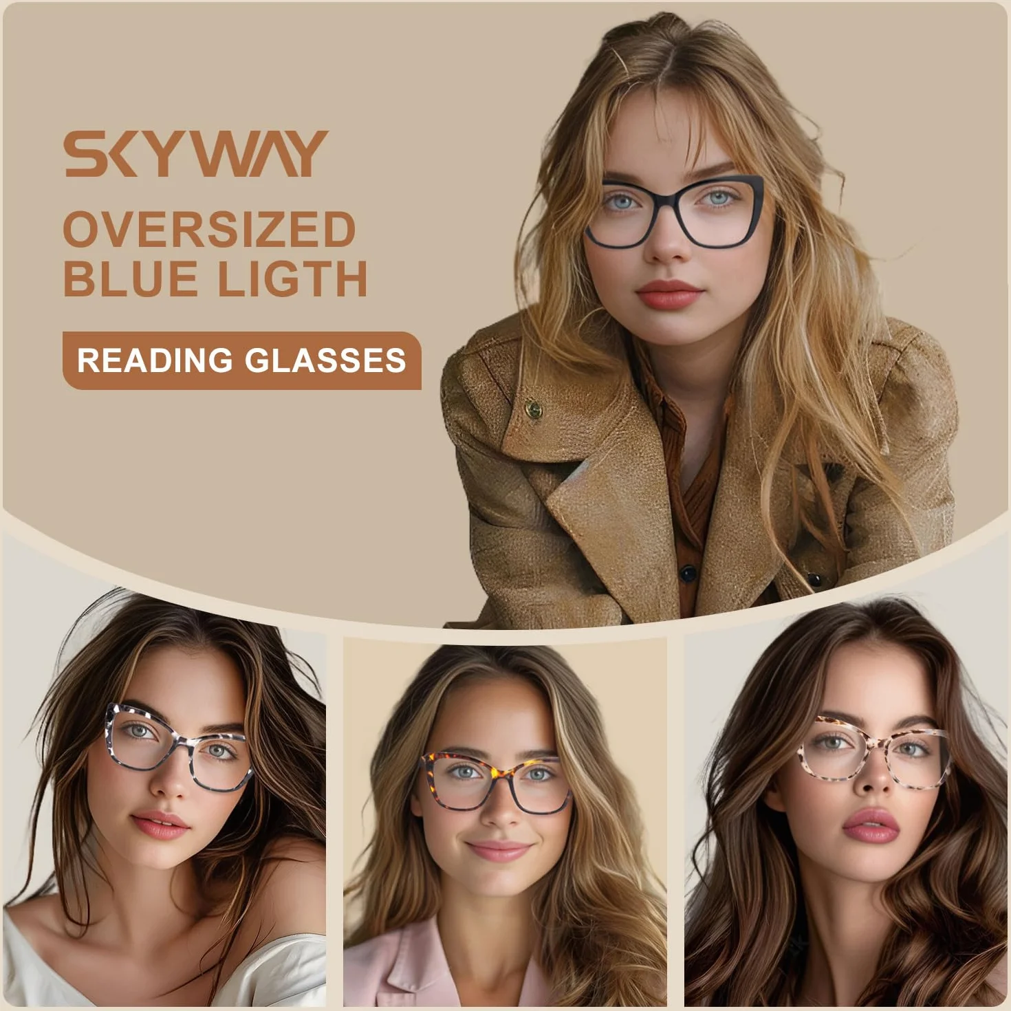 SKYWAY Occhiali da Lettura Donna Oversize Blocco Luce Blu Montatura Quadrata Occhio di Gatto Cerniera Molla