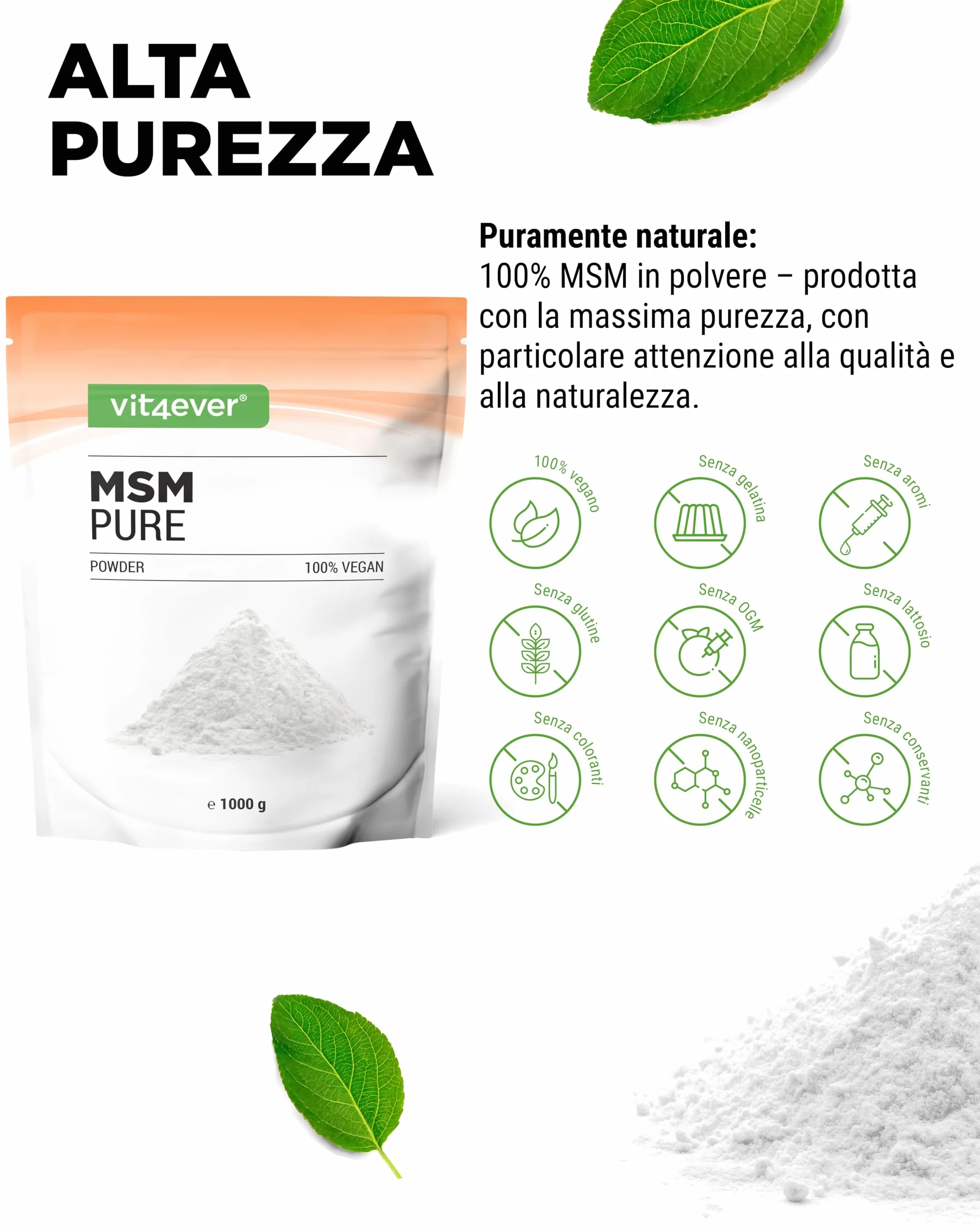 Polvere di MSM 1 kg 99,9% Metilsulfonilmetano Cristallino Puro Fattore Mesh 40-80 Zolfo Organico Vegano