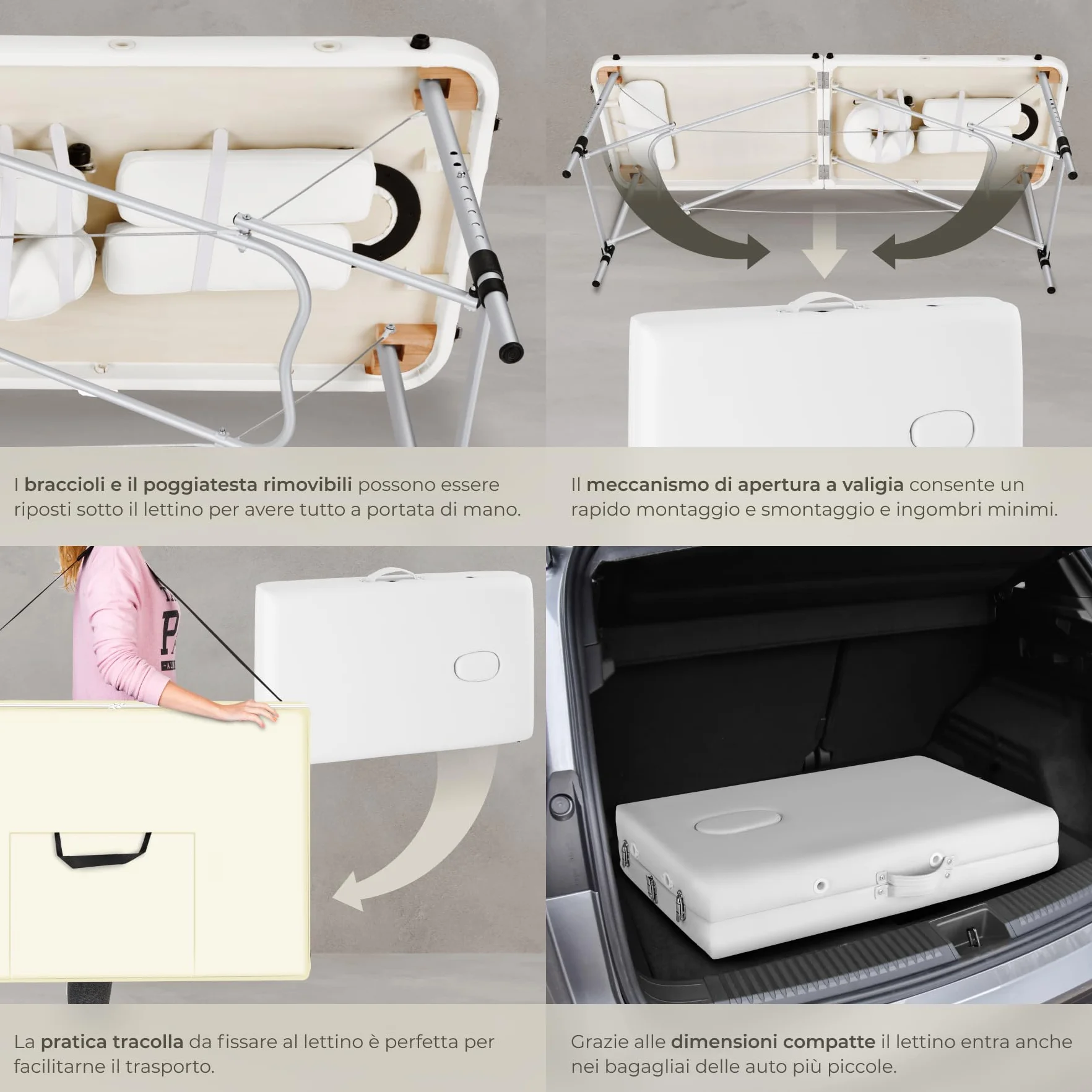 tectake Lettino Massaggio 2 Zone Portatile Regolabile Imbottitura Comfort Poggiatesta Multifunzione con Borsa Trasporto 230 kg Bianco