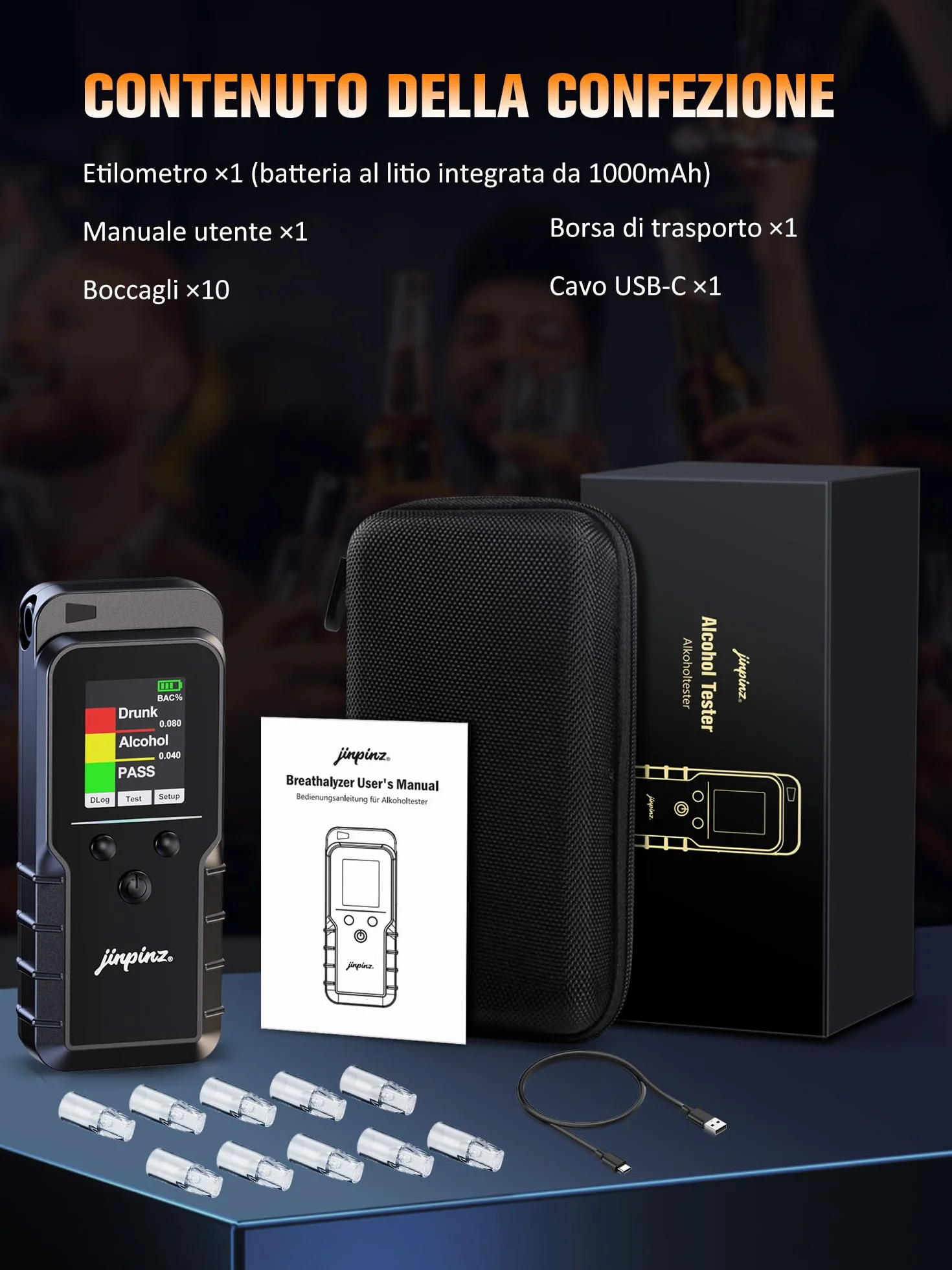 Etilometro Portatile Certificato con Sensore Elettrochimico Professionale Ricaricabile Alcol Test Digitale con Memoria Breathalyzer di Precisione Display LCD Blu