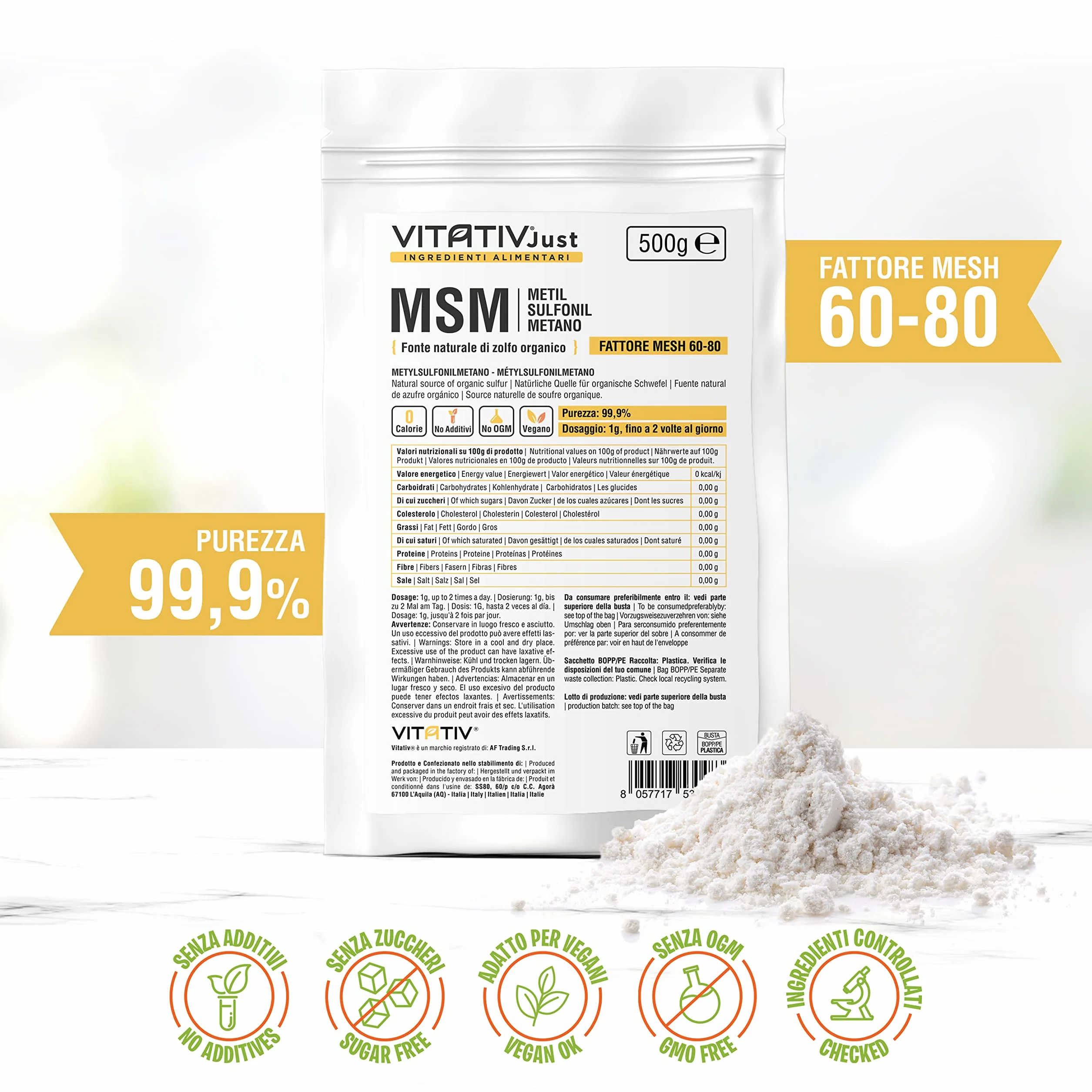 MSM Metilsulfonilmetano In Polvere Puro 99,9% Fattore Mesh 60-80 Zolfo Organico 500gr