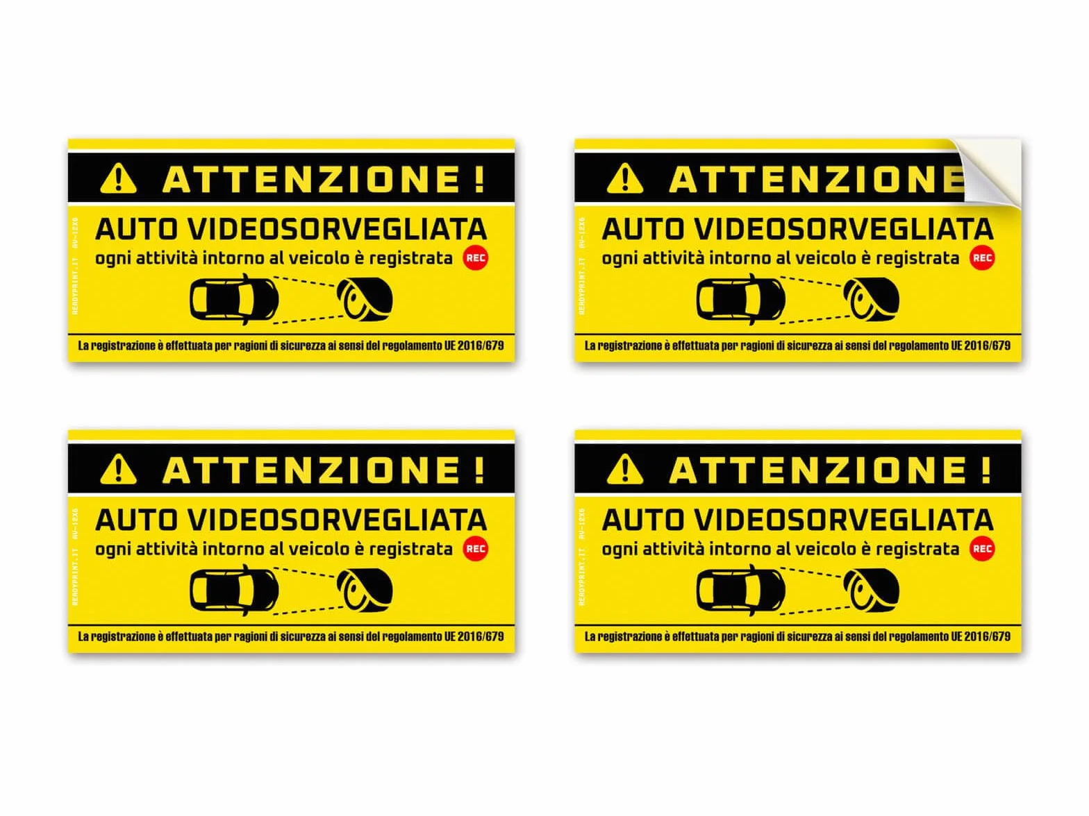 Adesivi per auto Videosorvegliata, avviso videosorveglianza veicoli, italiano, 12×6 cm, 4 pz.