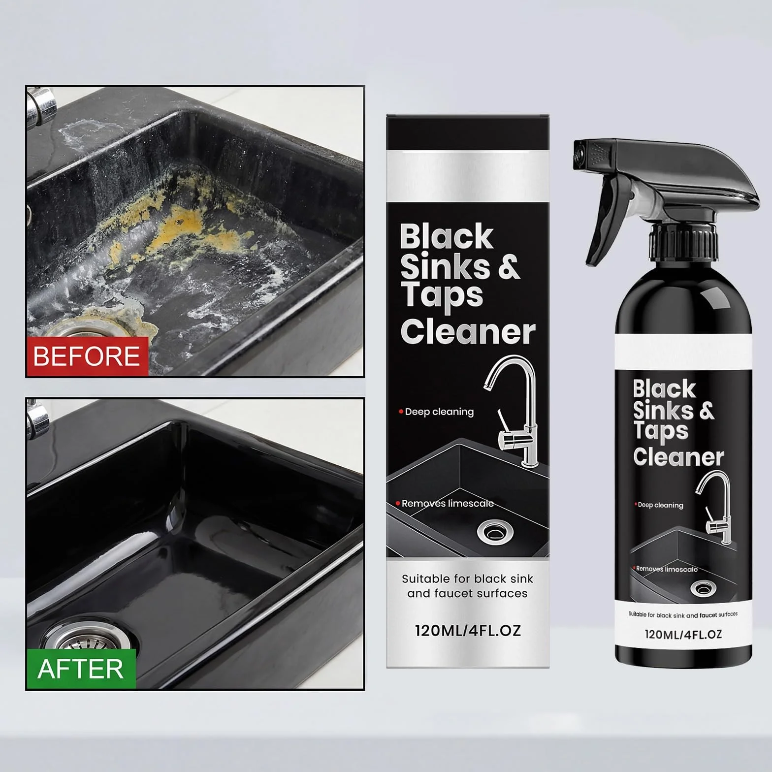 Detergente spray anticalcare per lavello nero e rubinetti neri, potente, per cucina e bagno (1 pezzo)