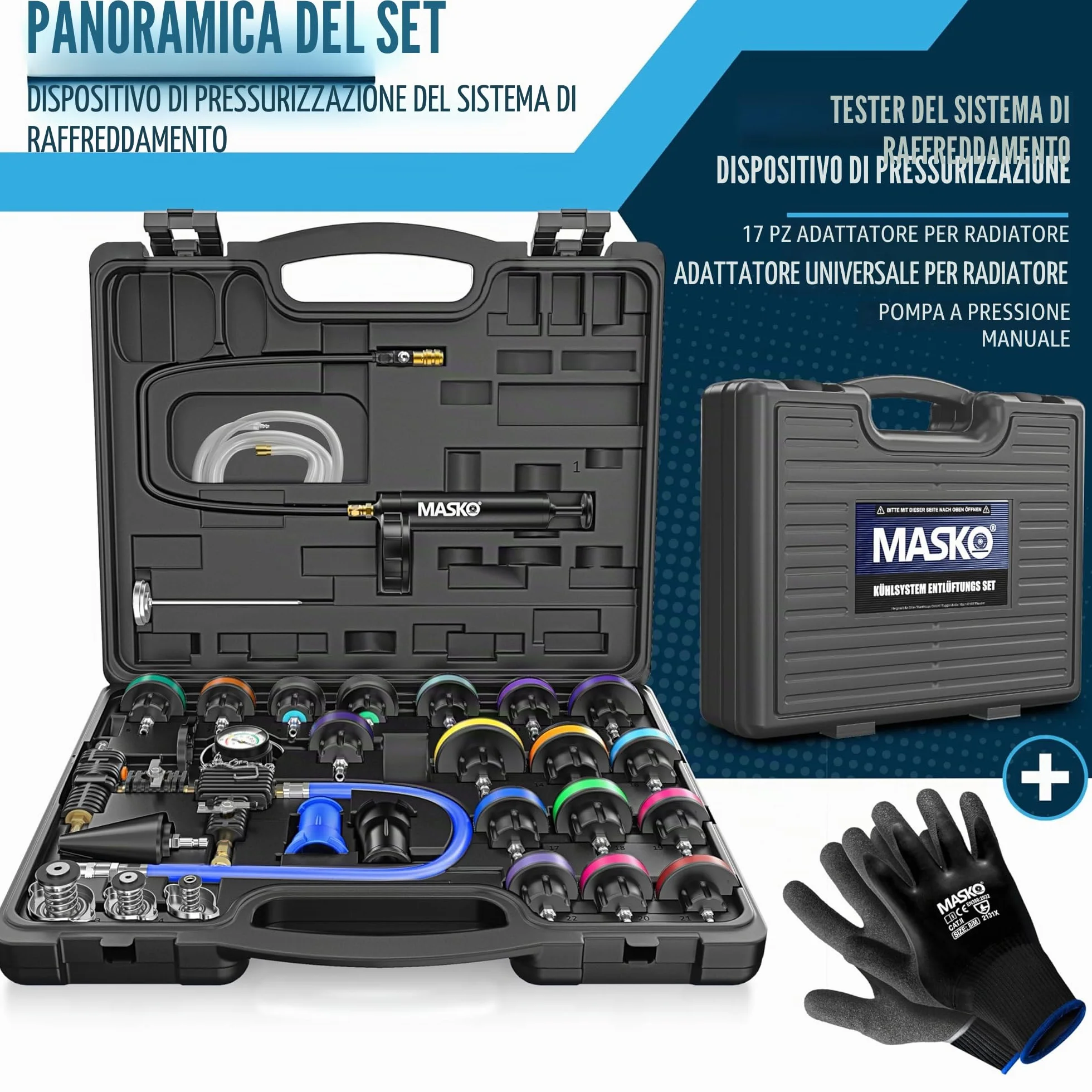 MASKO® Tester e dispositivo di spinta per sistema di raffreddamento | Controllore di pressione del radiatore, dispositivo di scarico del radiatore 28 pezzi incluso adattatore universale per radiatore