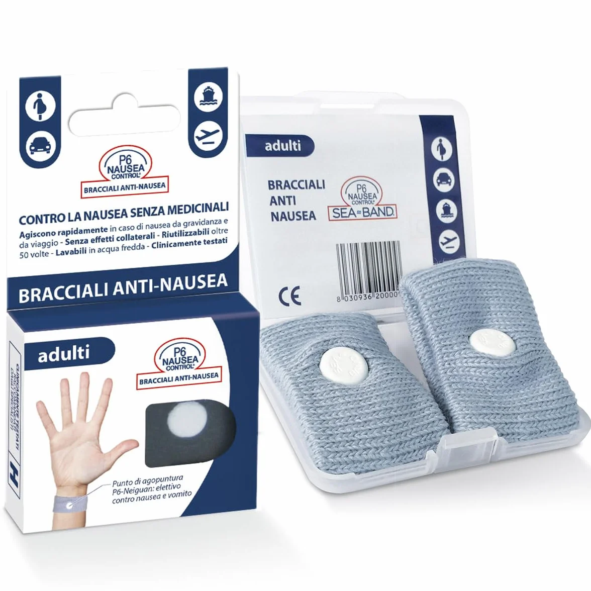 Bracciali Anti-Nausea per Adulti, Dispositivo Medico CE Classe I, Riutilizzabili, Confezione da 2