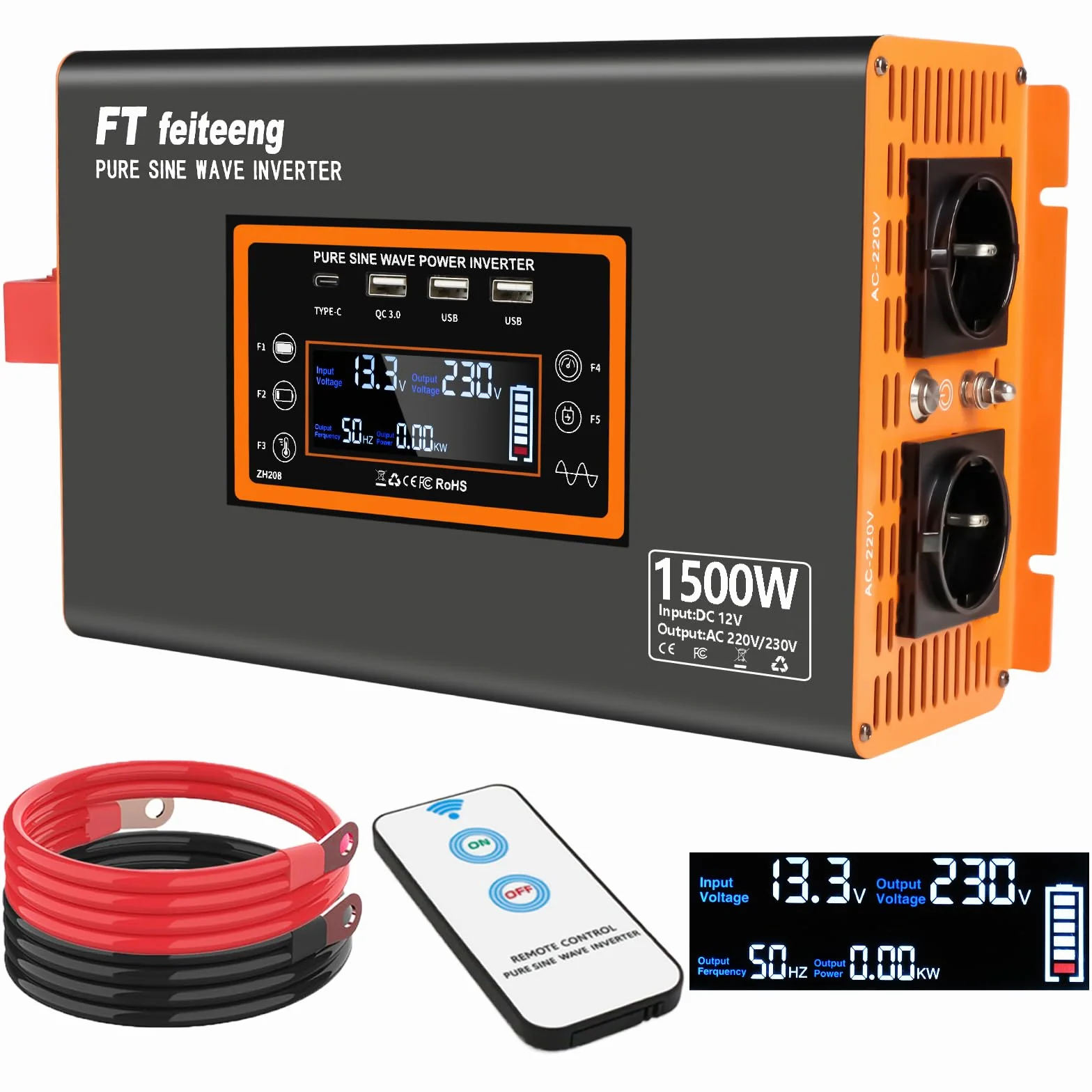1500W/3000W Pure Sine Wave Inverter 12V 220V LCD Display with Remote, USB-C & QC 3.0 for Car, Camper, Truck