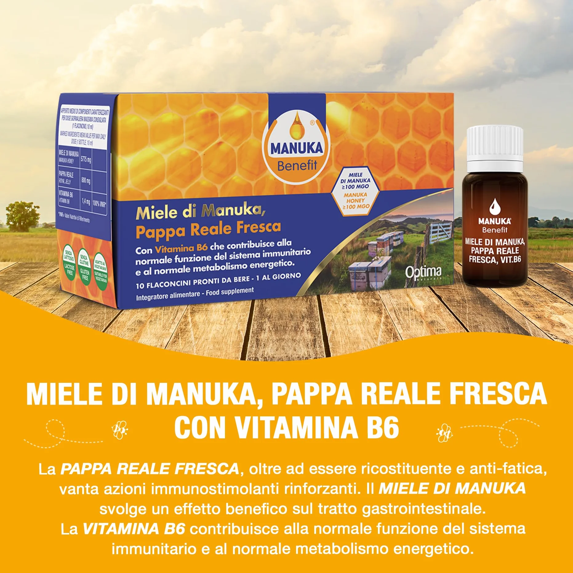 Pappa Reale Fresca con Miele Di Manuka e Vitamina B6, 10 Flaconcini Da 10 ml