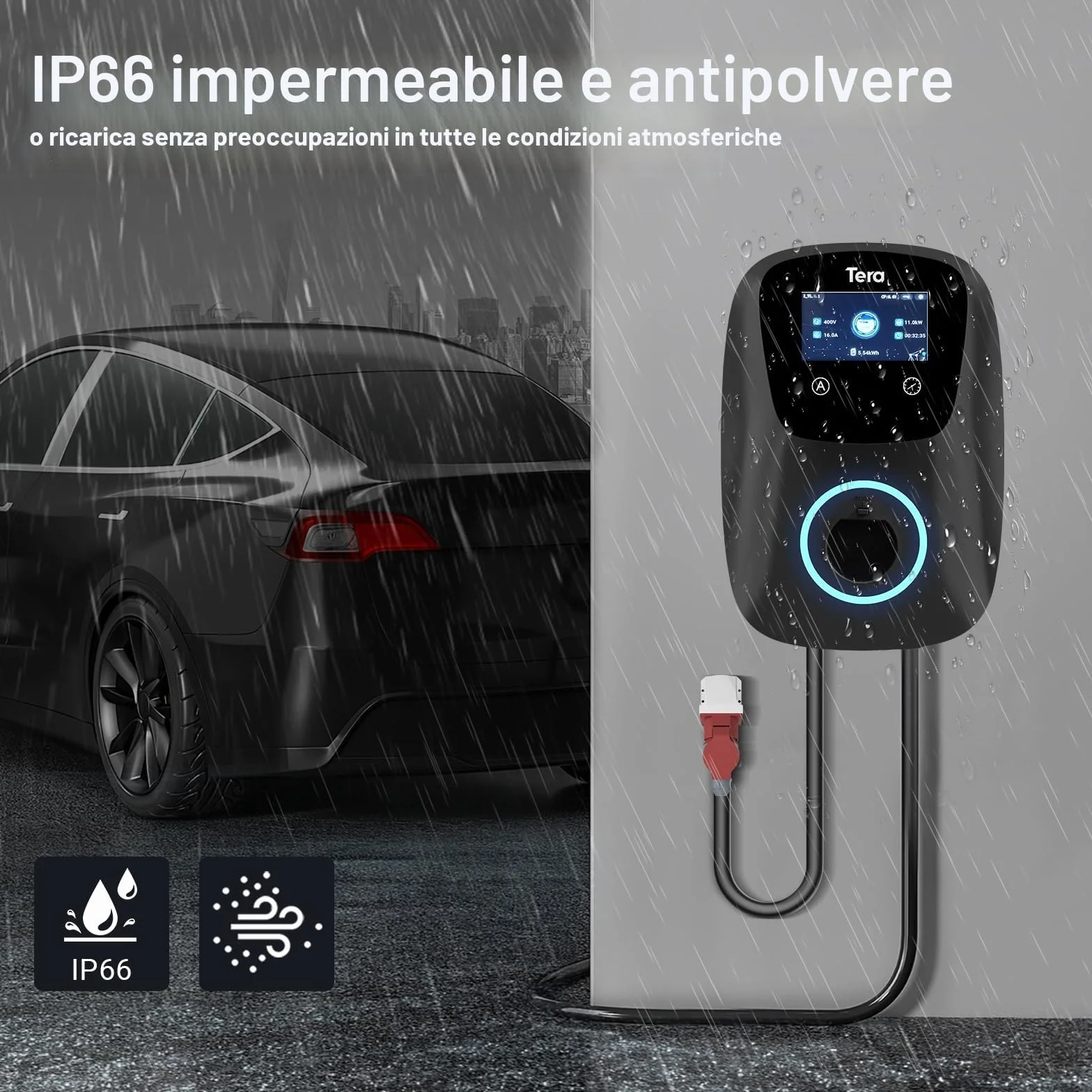 Tera Caricabatterie EV Tipo 2 11kW Certificato CE TüV App WLAN Bluetooth Cavo 7m Spina CEE Trifase Nero