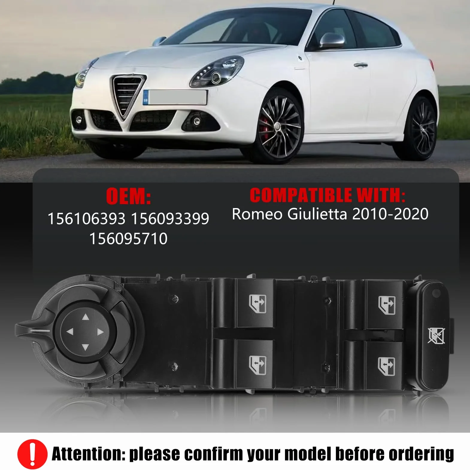 L'interruttore alzacristalli anteriore sinistro 156106393 è adatto per veicoli Alfa Romeo Giulietta anno 2010-2020. Sono disponibili anche gli interruttori alzacristalli 156093399 e 156095710