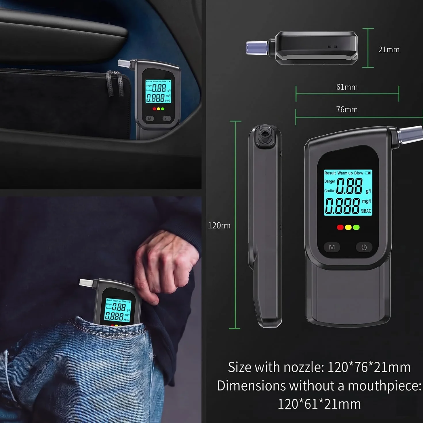 Etilometro Portatile Certificato GemCoo 3 Secondi Schermo LED Doppia Modalità Test Rapido Precisione 10 Bocchini