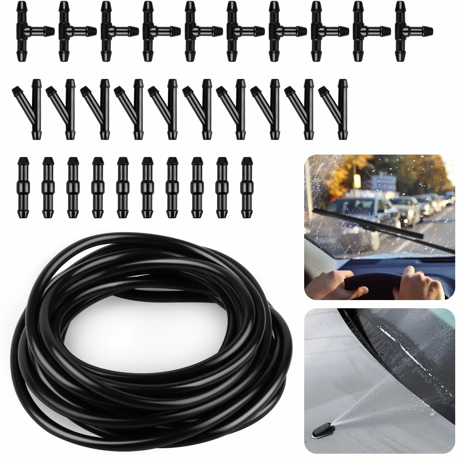Kit Lavavetri per Parabrezza 5M Tubo Connettori Tergicristalli Auto 30 Pezzi Universali Nero