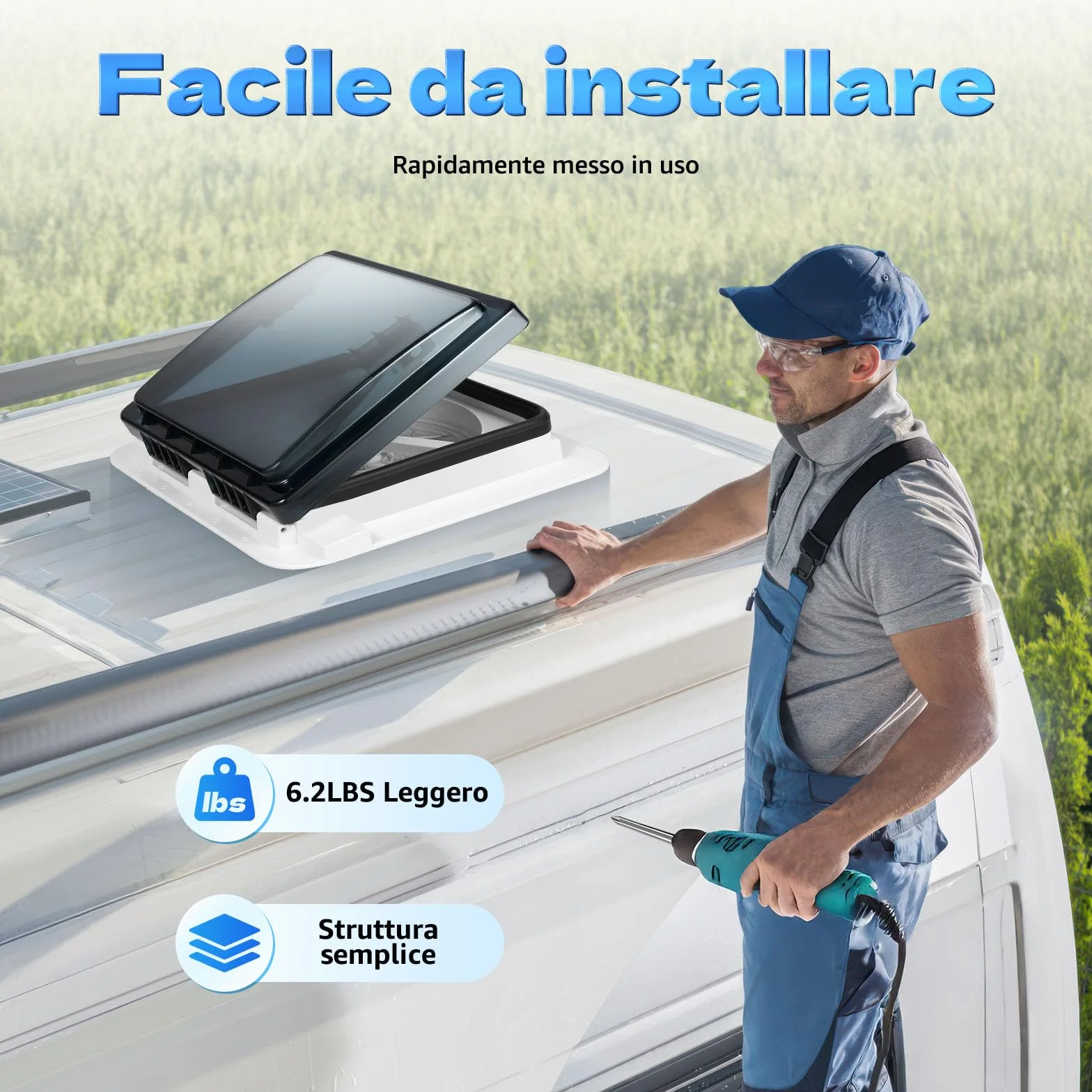 Finestra da tetto per camper 28x28 cm ventilazione insonorizzata ventola estrazione aria manuale LED 30W 12V