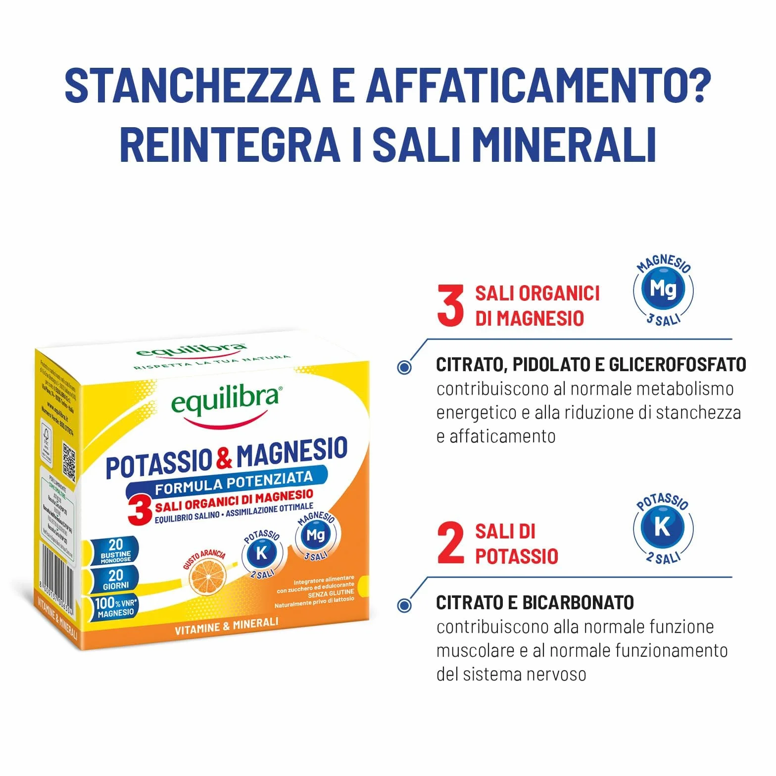 Equilibra Potassio e Magnesio 3 Formula Potenziata Integratore Sali Minerali Gusto Arancia 20 Bustine