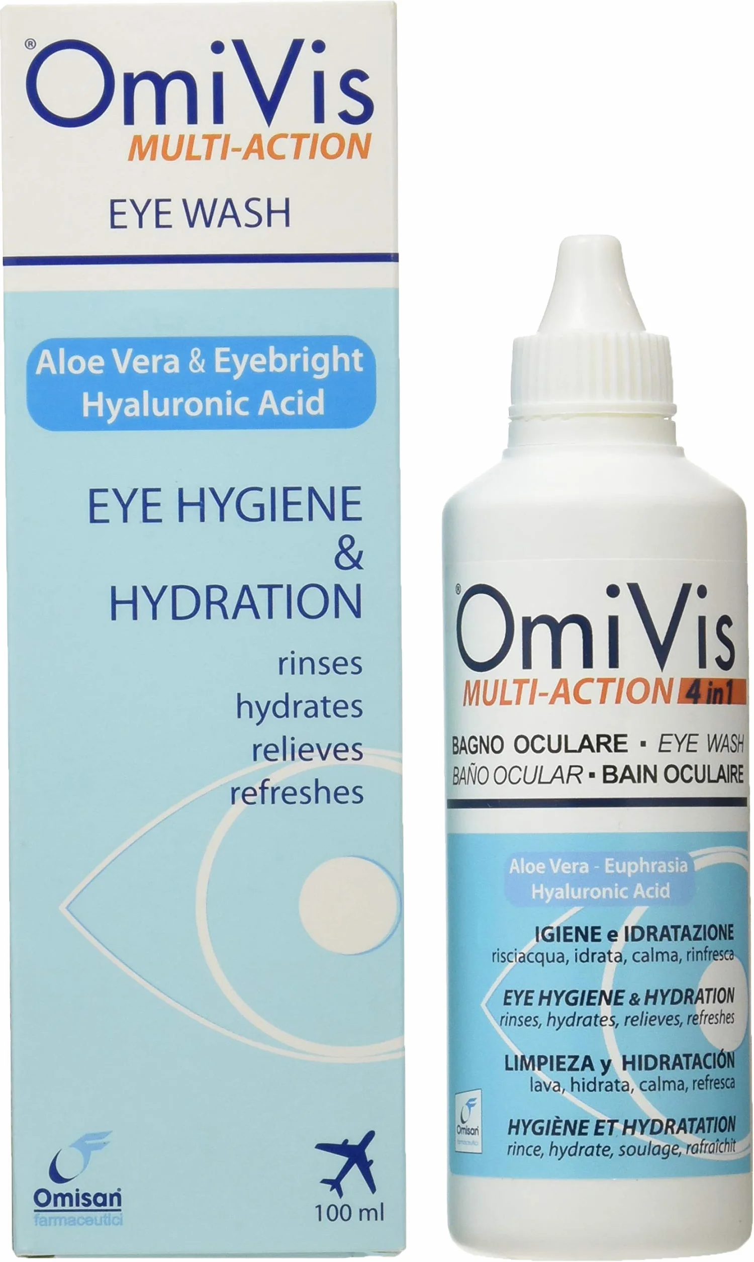 Omivis Bagno Oculare con Acido Ialuronico e Aloe Vera per Igiene e Idratazione, 100 ml