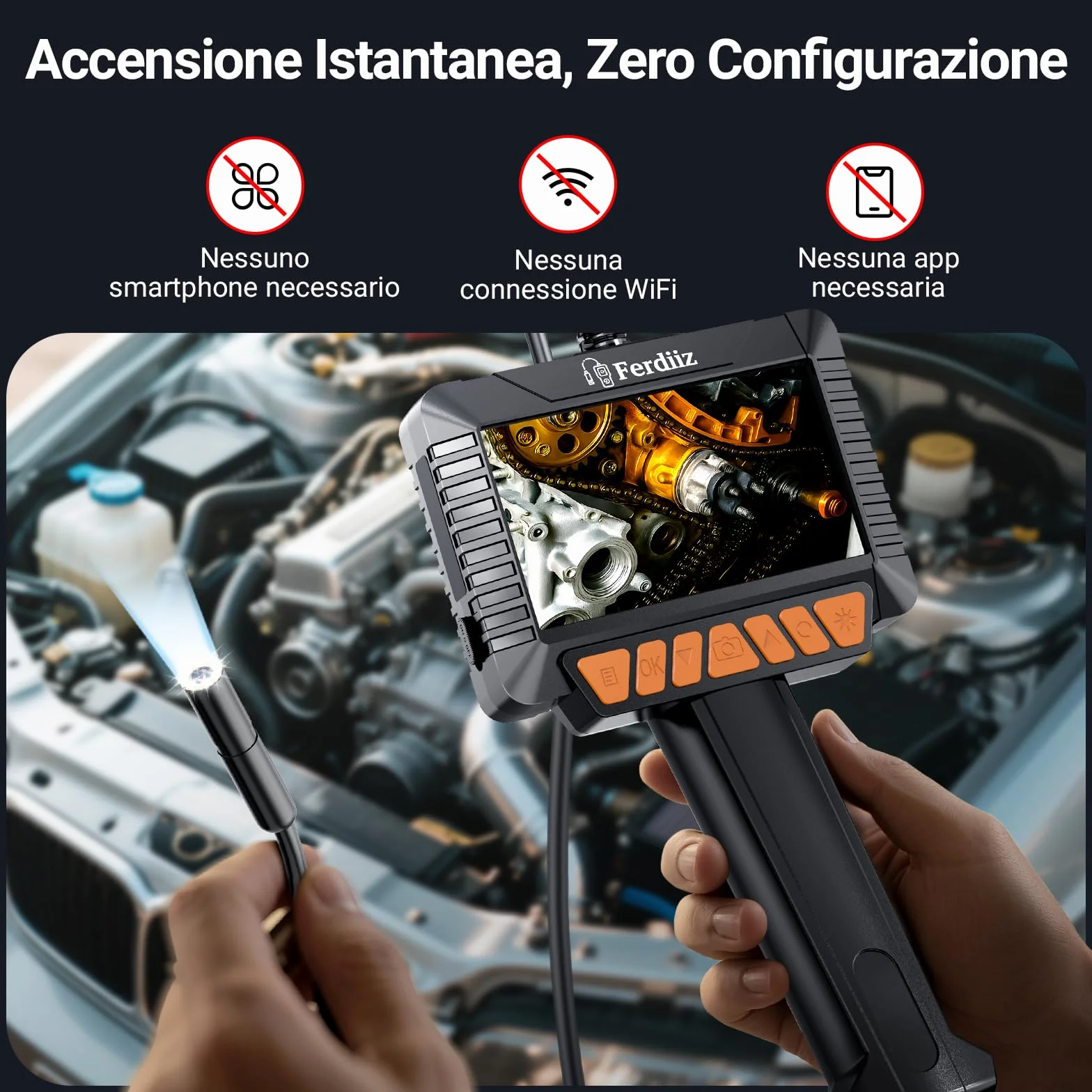 Endoscopio Digitale Industriale HD 1080P Telecamera Ispezione Tubi 4,3" Schermo Palmare IP67 Impermeabile Sonda 8 LED Cavo Semirigido 5 M