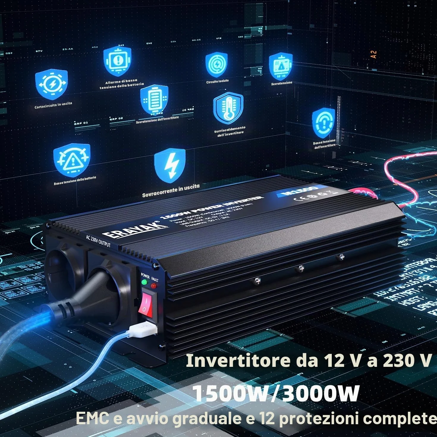 Erayak Inverter Onda Modificata 1500W 3000W 12V 220V 230V Fotovoltaico DC AC per Camper Auto Convertitore di Potenza