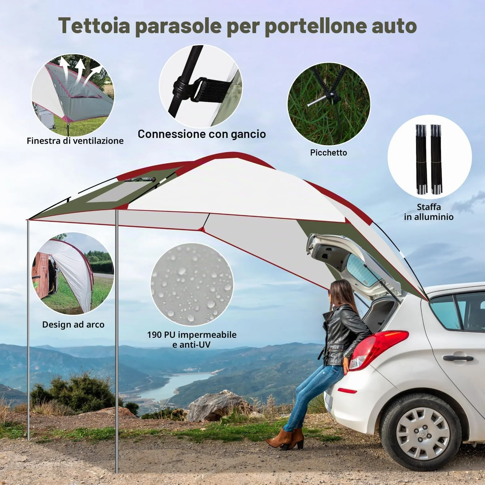 Tenda da Sole per Auto SUV Furgoni Campeggio Anti UV Impermeabile 2.4x1.9x2m