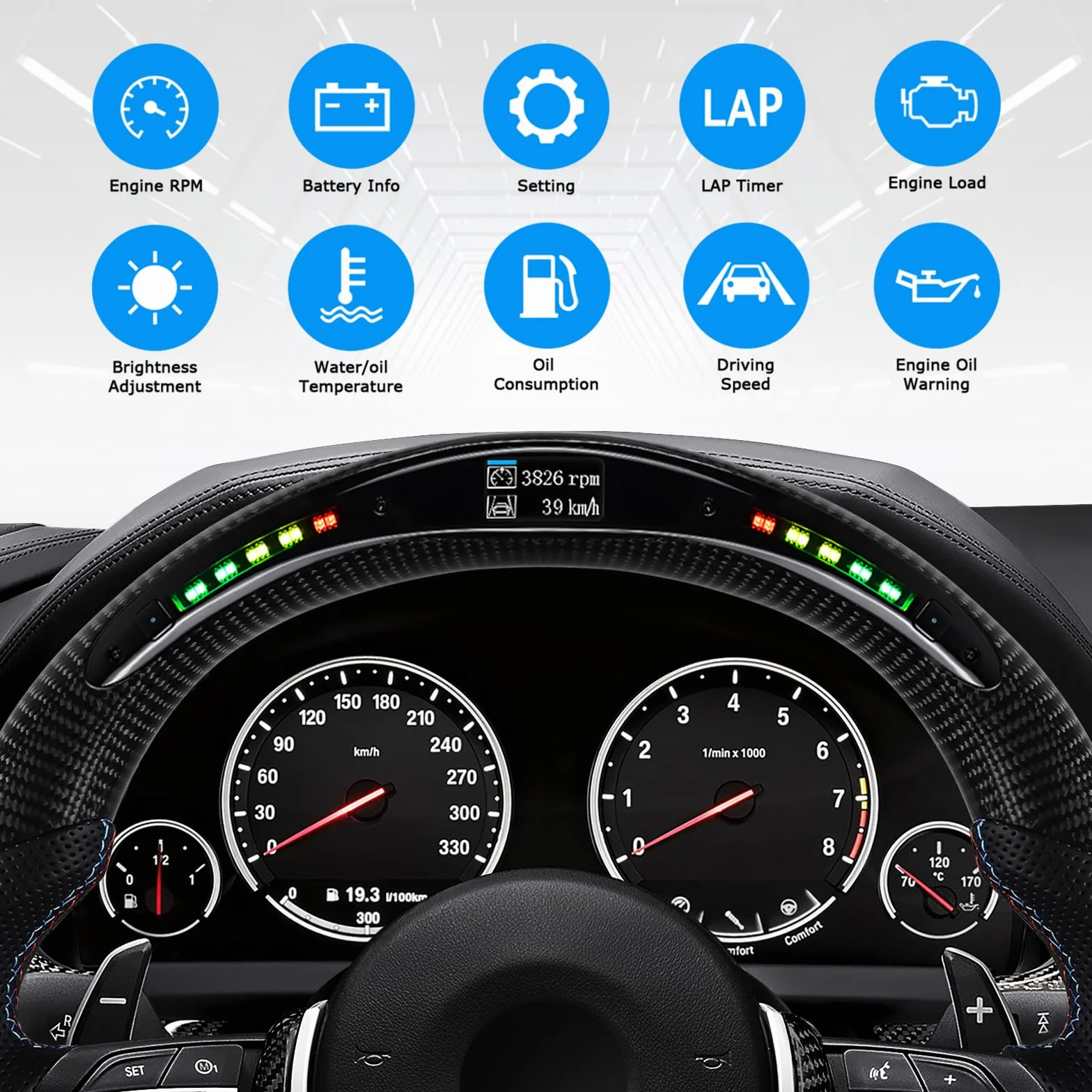 Volante LED in fibra di carbonio per BMW M Sportserie/M Performance Serie M5 F10 F11 F06 F12 F13 F01 F02 F03 GTF07 M5 F10/F90 M6 F06/F12/F13 M8 F92/F92/F92/F92/F92/F90 3 EU