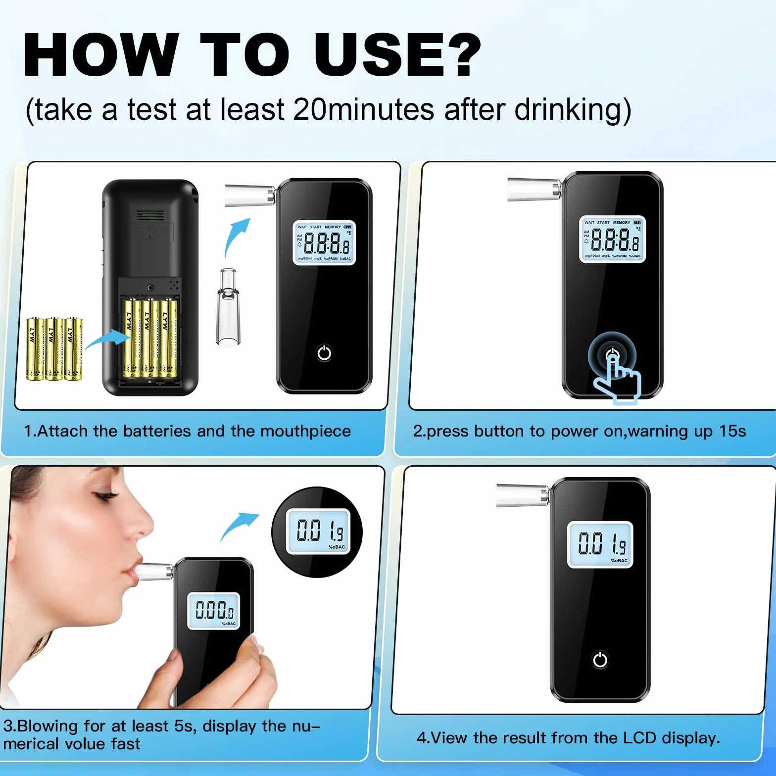 Etilometro, Portatile Test dell'alcool Digitale Professionale, Alcool Test con Precisione Sensore Semiconduttore, LCD Display e 20 Boccagli