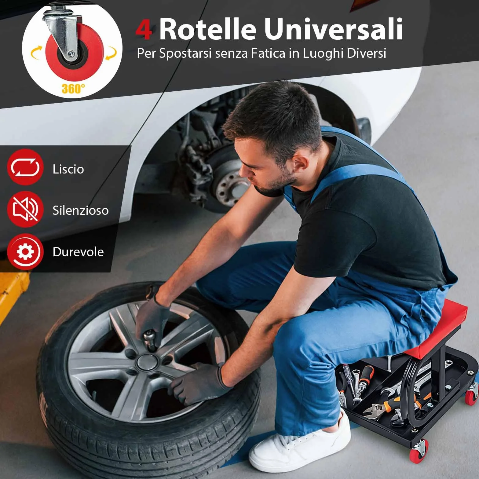 COSTWAY Sgabello da Officina con Ruote, Sgabello da Meccanico con Sedile Imbottito e Vassoio Porta Attrezzi, capacità di Carico 150 kg