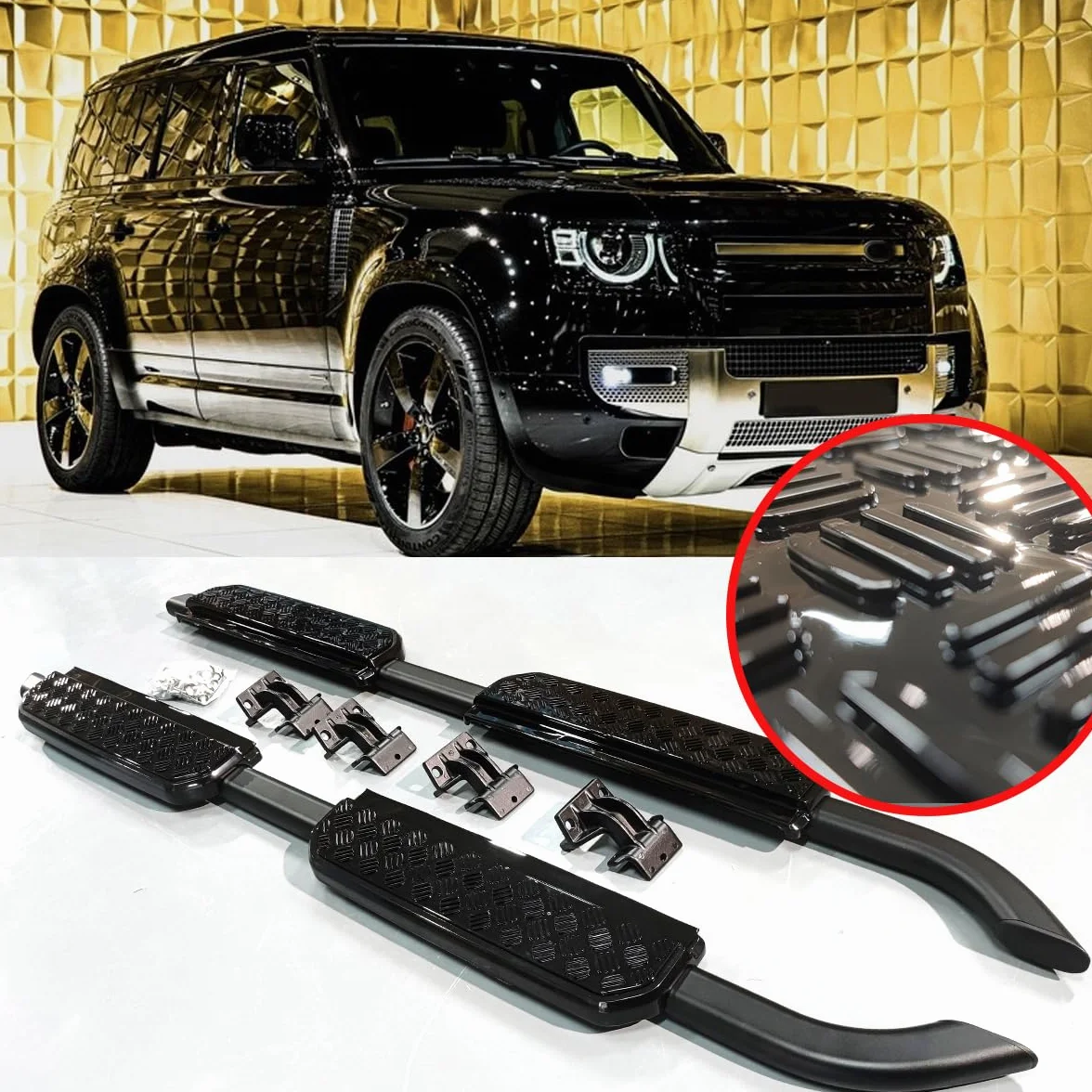 Pedane laterali adatte per Land Rover Defender 110 130 2020-2026 L663 4 porte pedaliera (nero lucido stile vintage)