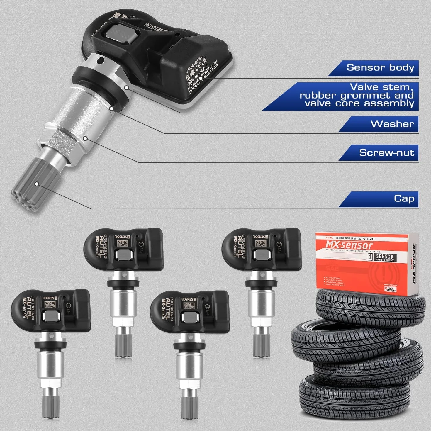 Autel TPMS Sostituzione Pneumatico a Doppia Frequenza per Tutte Automobili, Sensore OE Identicamente Costruito 100%, Valvola Metallo, 4 Pezzi