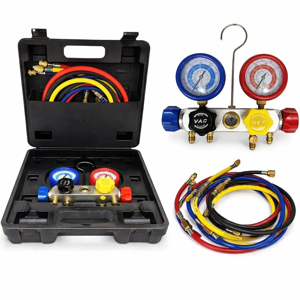 Kit Gruppo Manometrico 4 Vie per Gas Refrigerante R290 R22 R32 R410A – Manifold HVAC con 4 Flessibili 150cm Alta Pressione 800 PSI