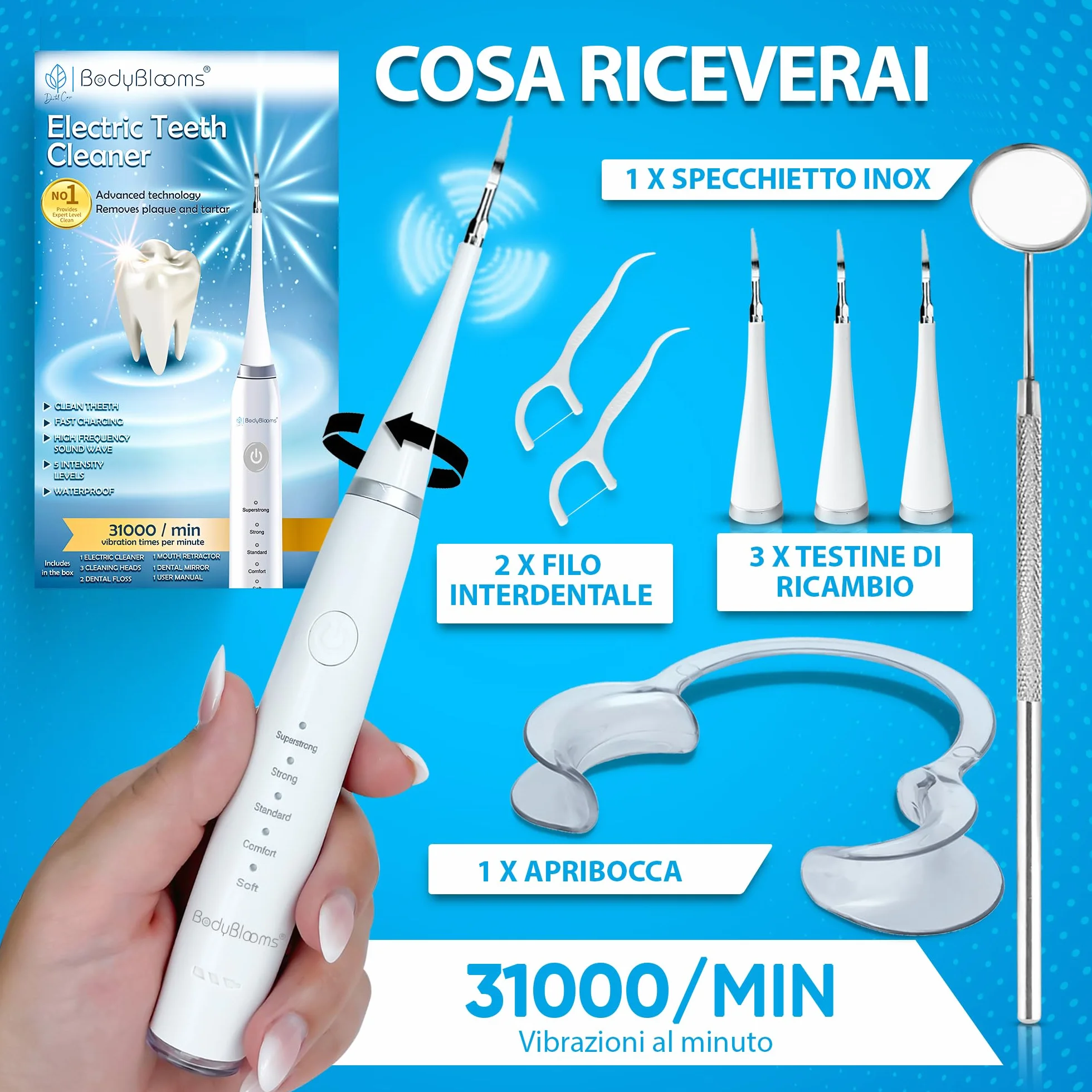 Bodyblooms® Kit Pulizia Denti Tartaro 5 Intensità Elettrico Igiene Dentale Con Accessori Set Rimozione Tartaro