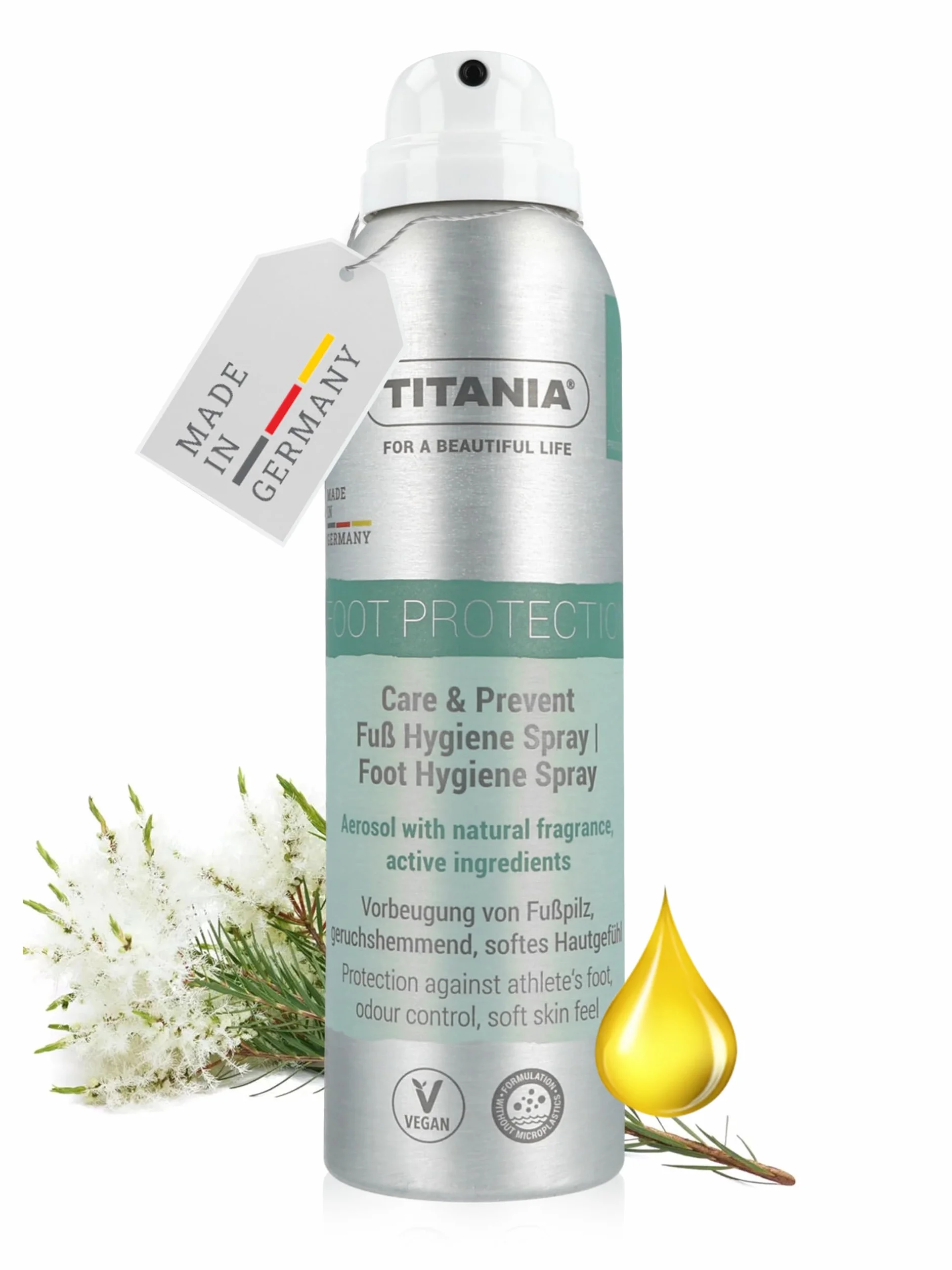 TITANIA® Spray per i piedi 150 ml – Protezione preventiva contro il piede d’atleta, assorbe l’umidità, vegano