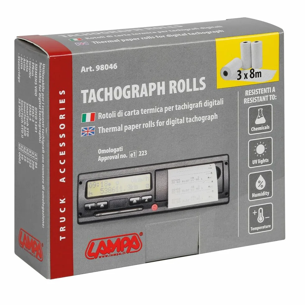 Rotoli Carta per Tachigrafi Digitali 3x8m Omologati Resistenti Lampa 98046