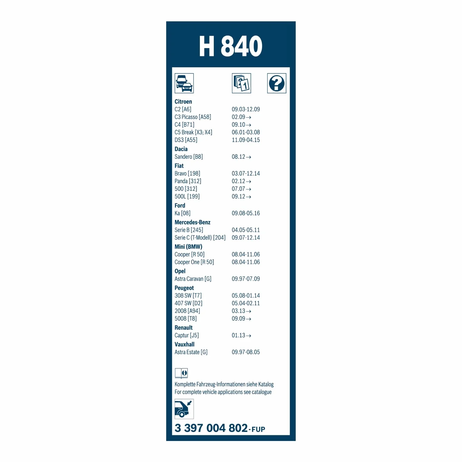 Bosch Rear Wiper Blade H840 290mm Tergicristallo Lunotto