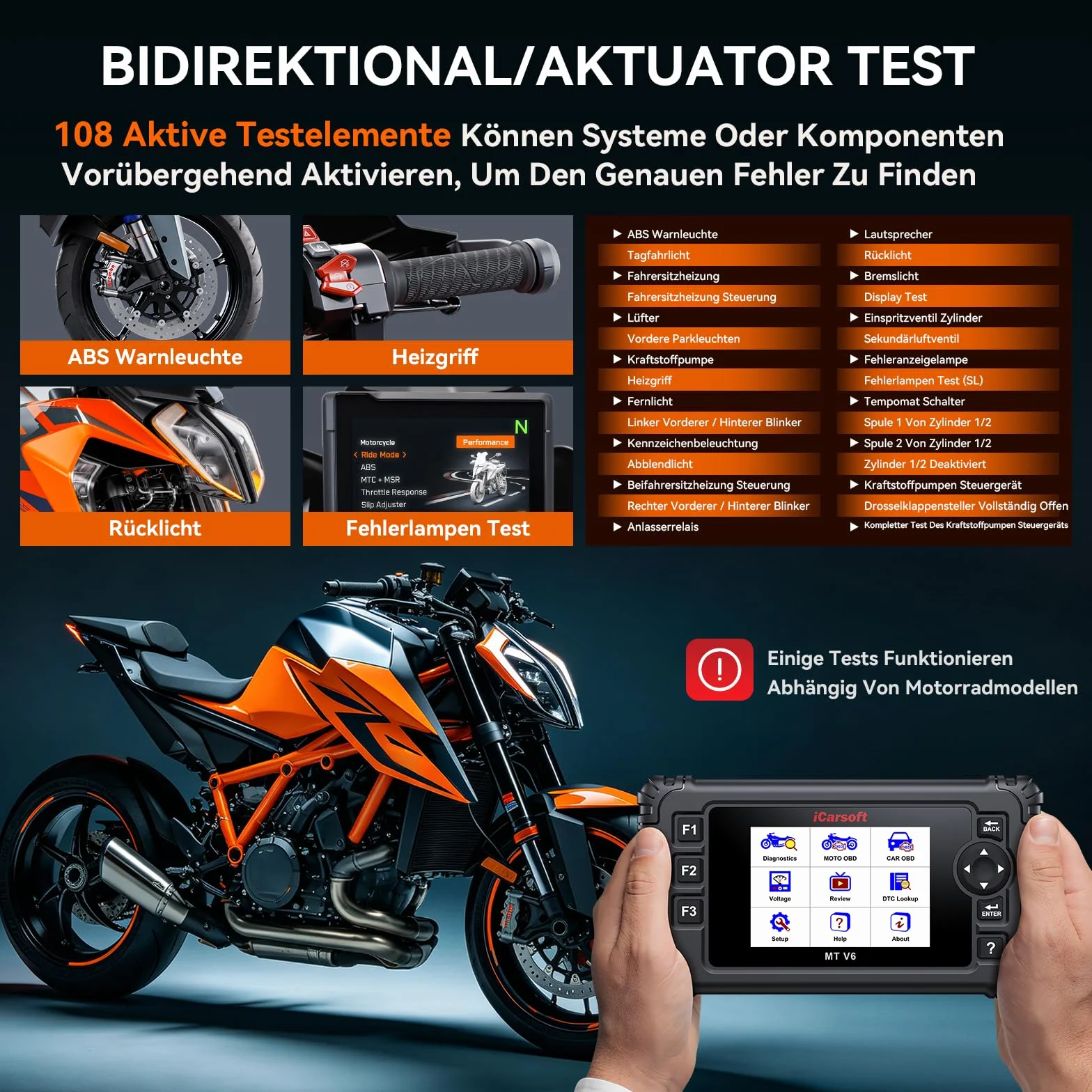 iCarsoft MT V6 Scanner OBD2 Diagnostica Moto KTM, 88 Servizi Manutenzione, 108 Test Attuatori, Test Batteria