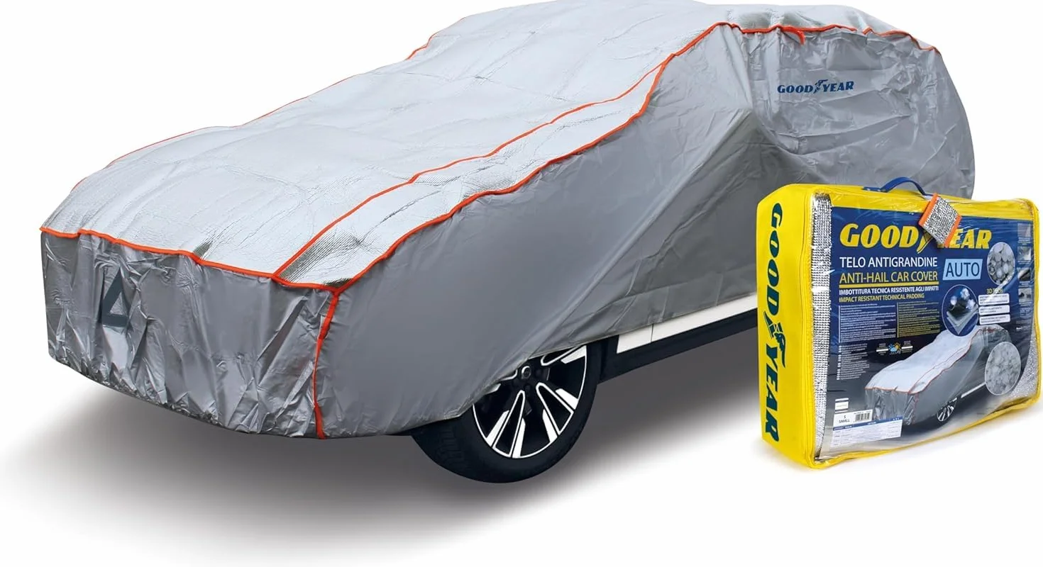 Goodyear Telo Antigrandine Auto Taglia M, Imbottitura 6mm Alta Protezione, Copriauto Esterno Impermeabile e Antigraffio, Tessuto Anti-UV, Cinghie Antivento, 440x165x119 cm, 4 Stagioni, Grigio/Nero