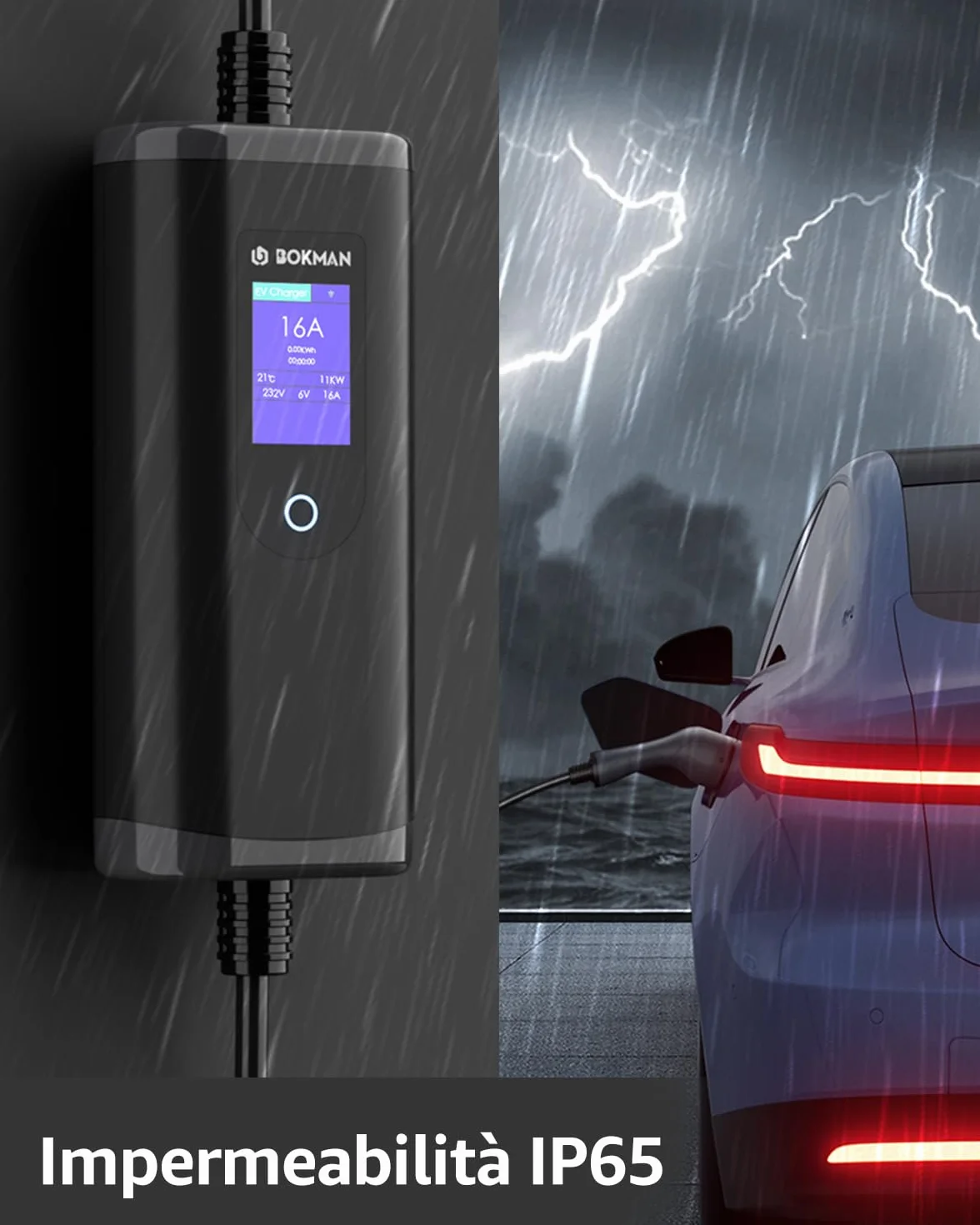 Bokman Colonnina Ricarica Auto Elettrica 3,68kW 5m Wallbox Tipo 2 Schuko 6-16A Compatibile E-208 Zoe Spring 500e Modello 3&Y BEV