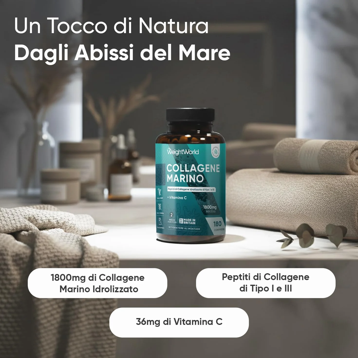 Collagene Marino 1800mg con Vitamina C Peptidi Idrolizzato Tipo I e III 180 Compresse