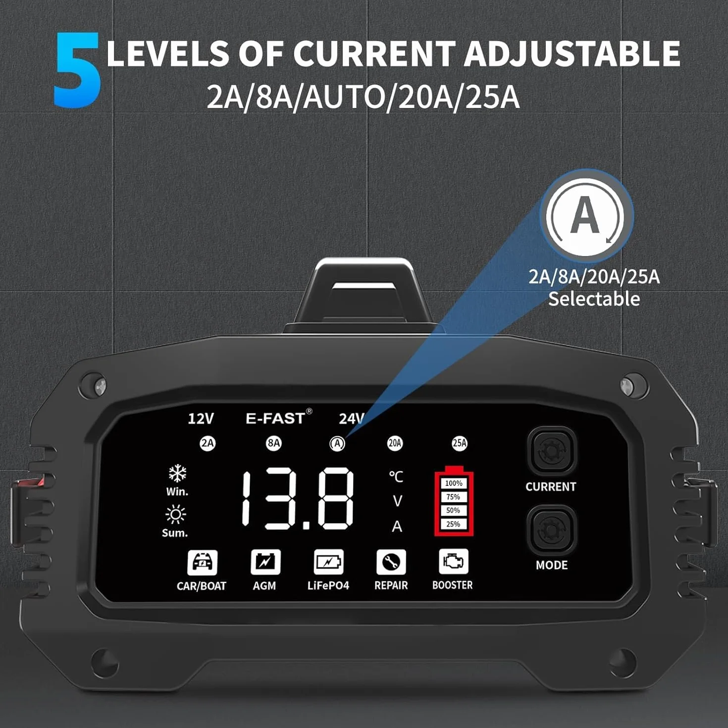 25A Caricabatteria da Auto, 12V/24V Automatico Caricabatteria da Auto con Display LCD, Caricabatteria Intelligente per Automobili Aggiornato per Batterie AGM/LiFePO4, Moto, Barche e Roulotte