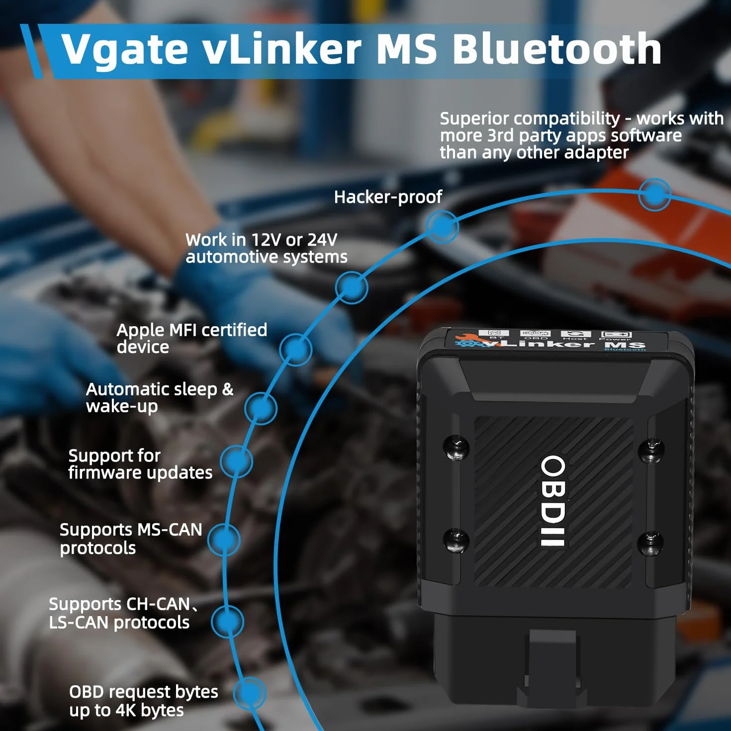 Vgate vLinker MS Bluetooth MFI OBD2 diagnostico lettore codici errore OBDII compatibile iOS Android Windows