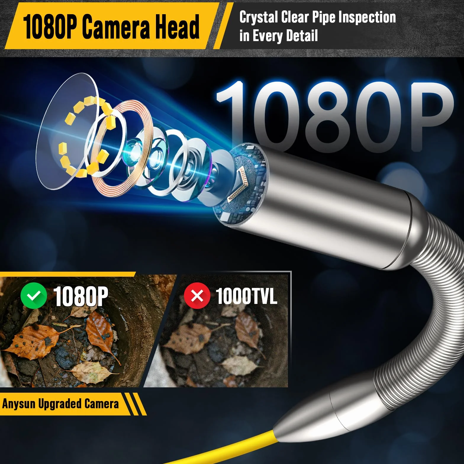 Anysun Telecamera di Ispezione 1080P IP68 23mm Schermo IPS 9" Batteria 5100mAh Endoscopio DVR