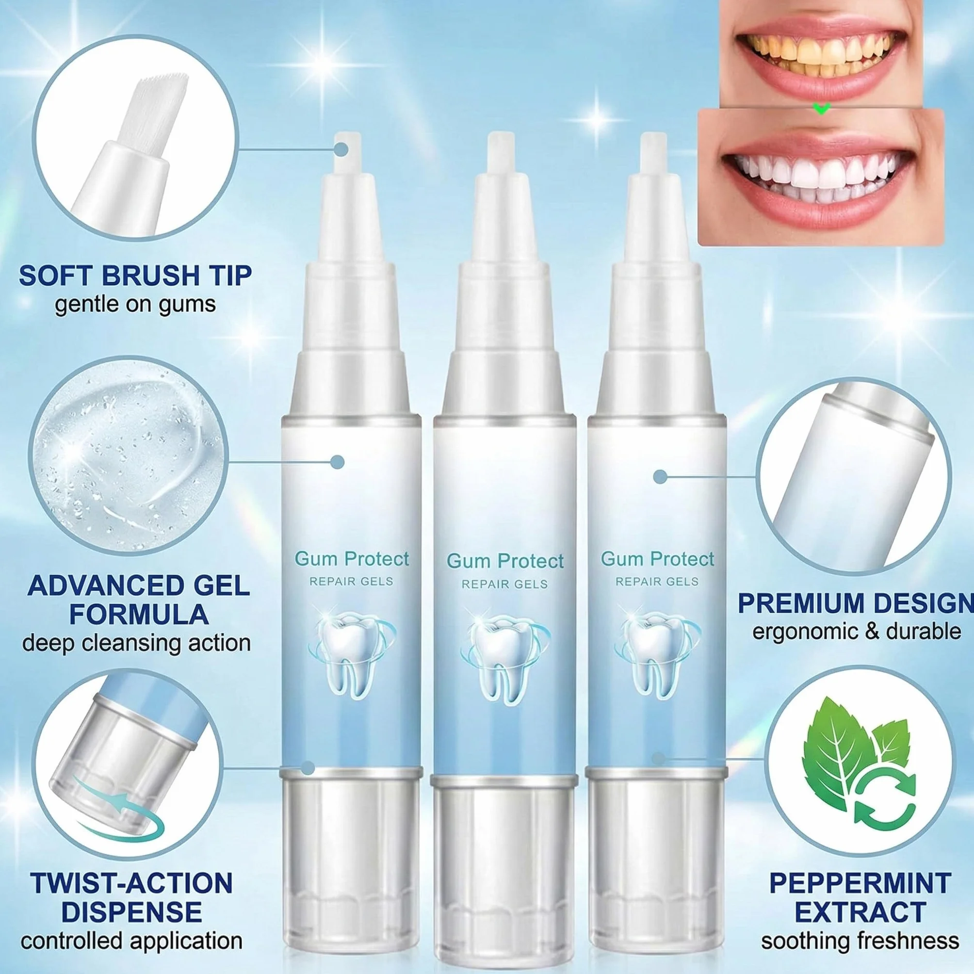 Gel Lenitivo per Gengive Trattamento Parodontale 3 Pezzi con Menta Piperita Sbiancamento Dentale