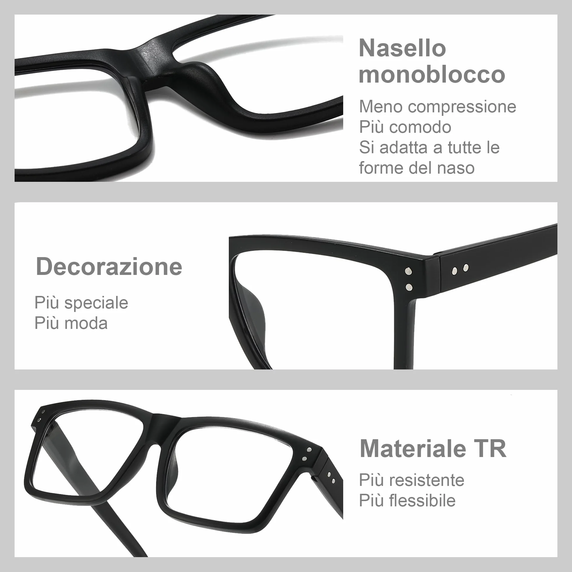 Occhiali da Lettura Uomo con Filtro Luce Blu, Montatura Oversize Quadrata Grande, 3 Paia