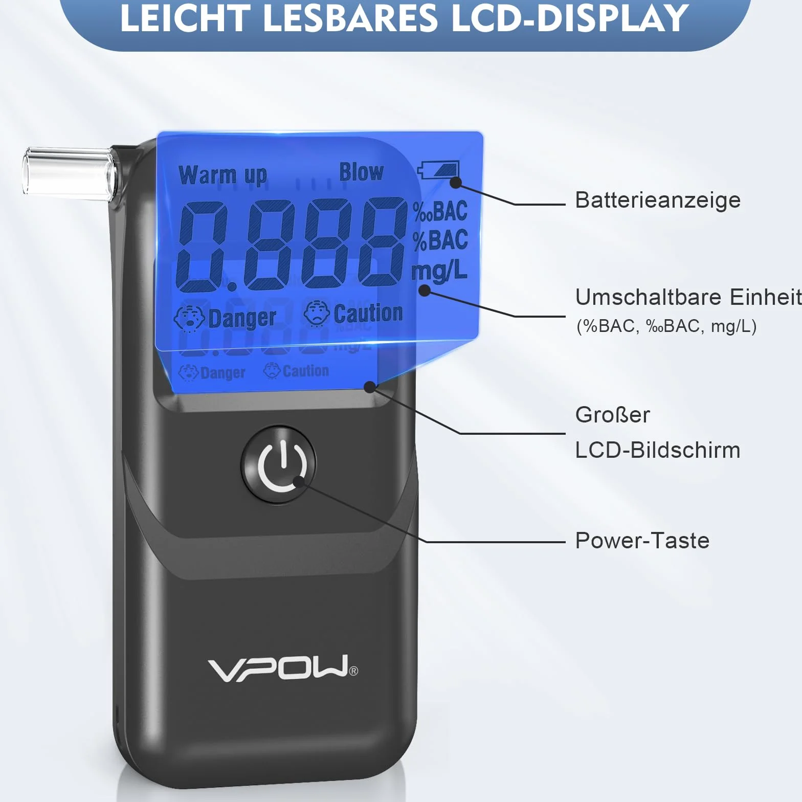 Etilometro Portatile Certificato con Display LCD Blu Digitale, Precisione di Grado per Uso Domestico e Professionale - Grigio
