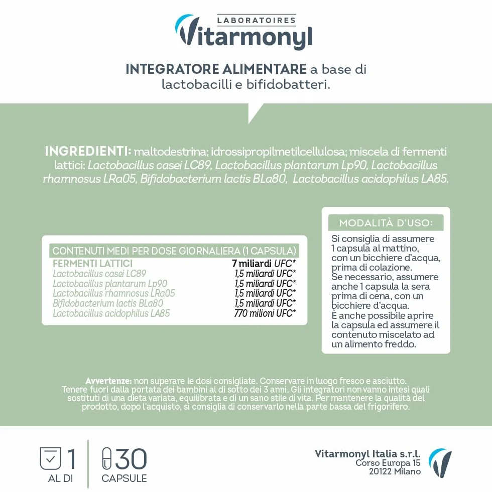 Vitarmonyl Fermenti Lattici Probiotici 7 Miliardi UFC 30 Capsule Integratore Flora Batterica Intestinale