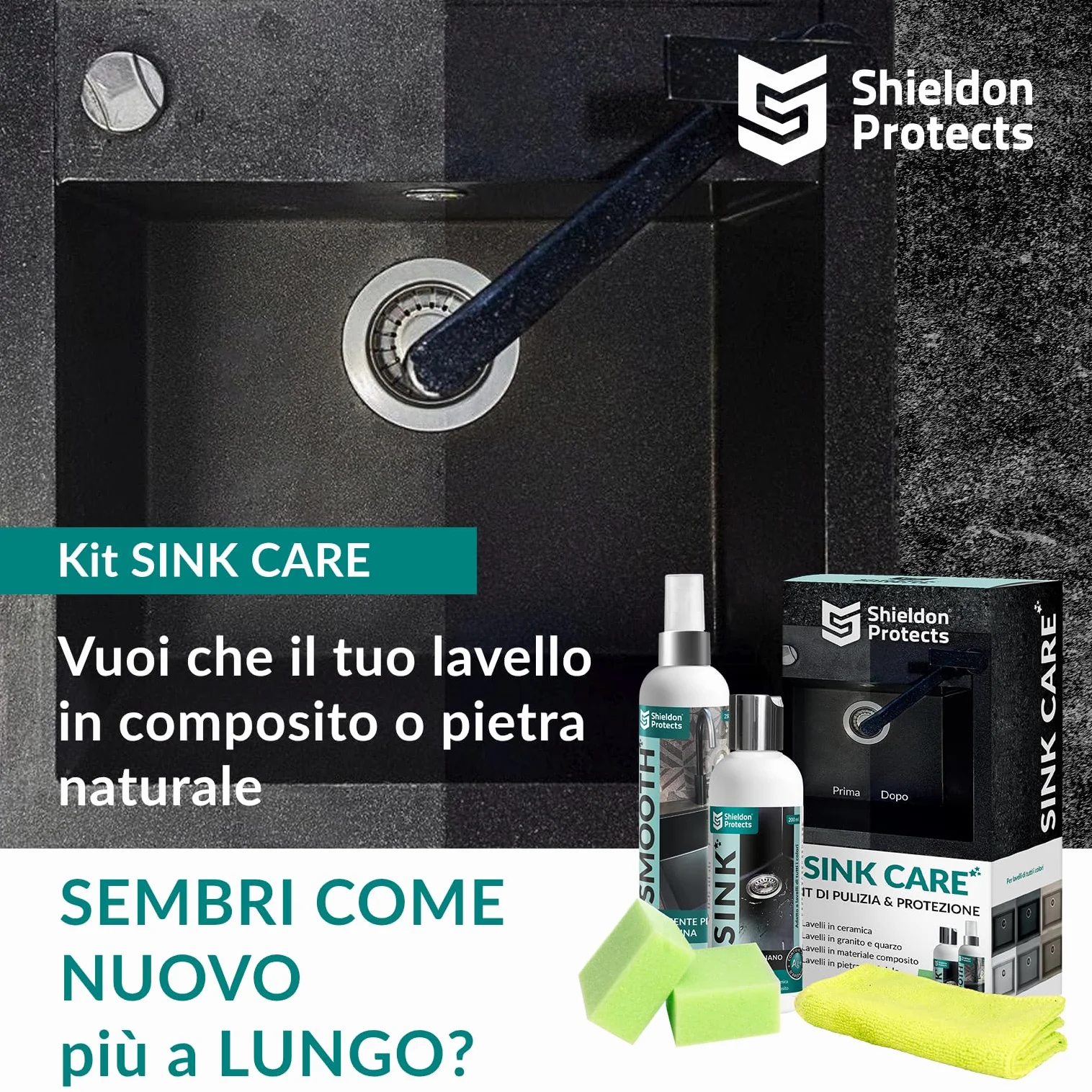 Shieldon Set di 2 Detergente e Impregnante per Lavello in Granito 250ml 200ml Protezione e Cura Nero