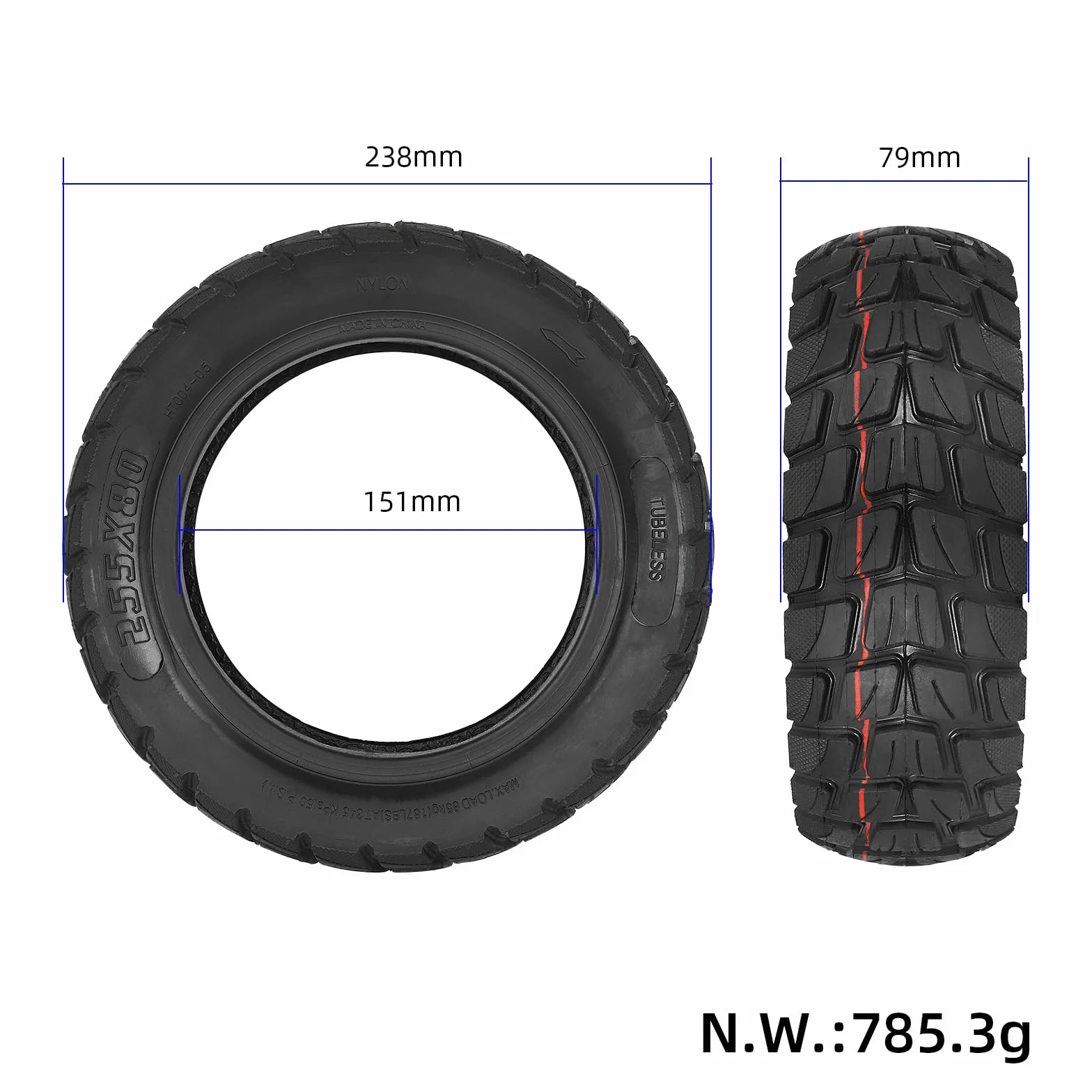 Pneumatici tubeless da fuoristrada 255 x 80, pneumatici di ricambio da 10 pollici/254 mm per monopattino elettrico Zero 10X, pneumatici anteriori e posteriori di ricambio super larghi